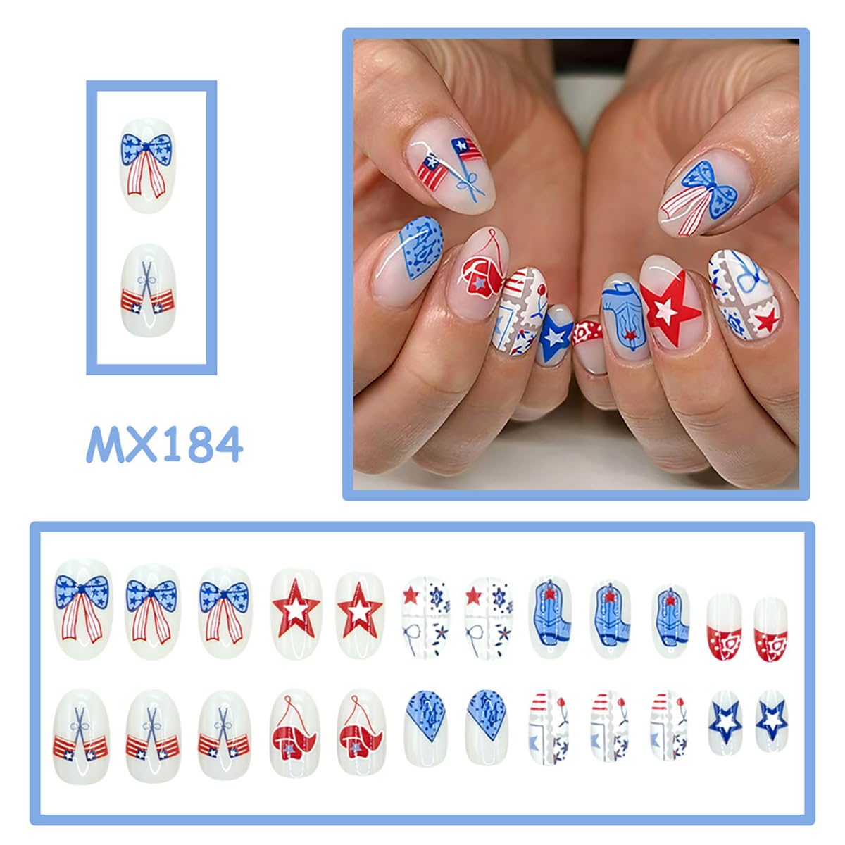 24Pcs 4th of July Press on Nails Short Almond Fake Nails American Flag with Cowboy Patriotic Press Ons Designs Star Stripe Bow Glue on Nails Independence Day False Nails for Women Acrylic Manicure