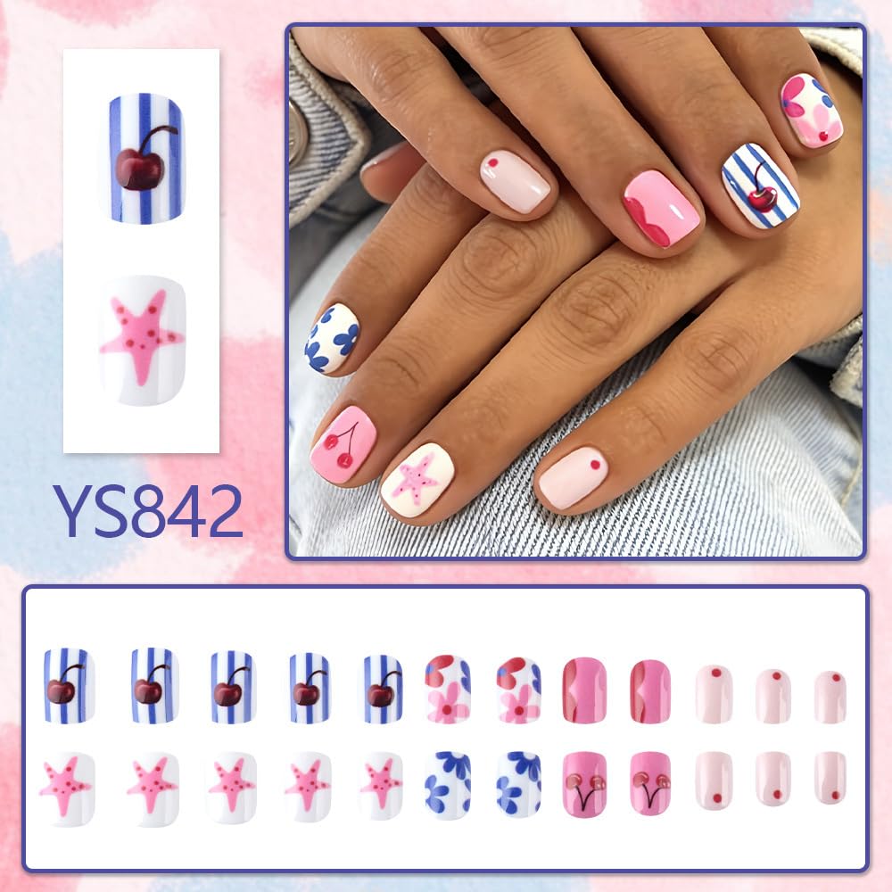 24Pcs Summer Press on Nails Short Square Fake Nails QUNQINLI False Nails with Cherry Starfish Flower Striped Designs Acrylic Nails Press ons Full Cover Glossy Glue on Nails Stick on Nail for Women