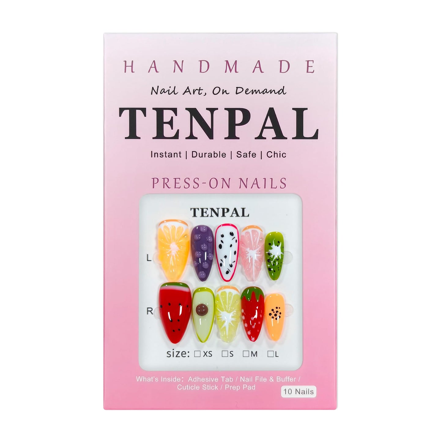 TENPAL Summer Fruit Press on Nails - Vibrant Almond Shaped Fake Nails with Kiwi, Watermelon & Avocado Designs | Reusable Colorful Nail Art for Women | Tropical Fruit Manicure Set (Medium Length,L)