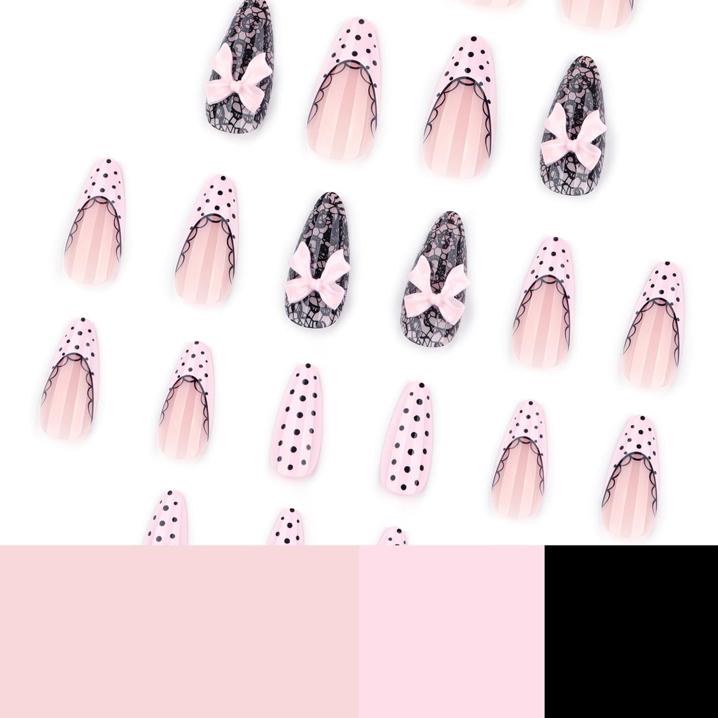 Pink Polka Dot Press On Nails Medium Almond Fake Nails Bow False Nails With Black Lace Designs Acrylic Nail Press Ons Full Cover Stick On Nail Glossy Glue On Nail For Women 24Pcs