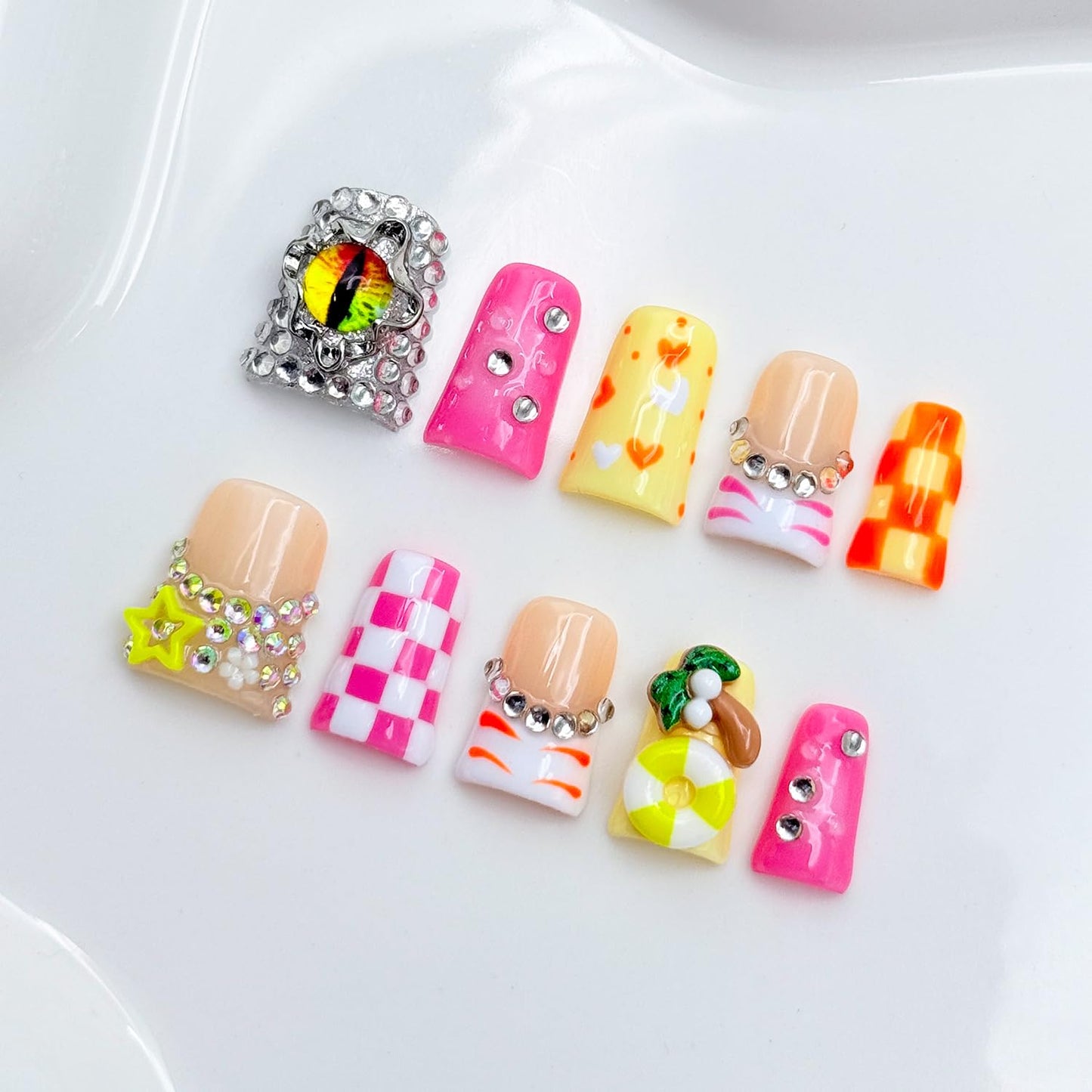 Handmade Short Duck Press on Nails Luxury Rhinestone Design Fake Nails Pink Grid False Nails with Glue,Muti-Layer Gel Thick Press ons Nail Eyes Charms Reusable Acrylic Nails for Women(Size S)