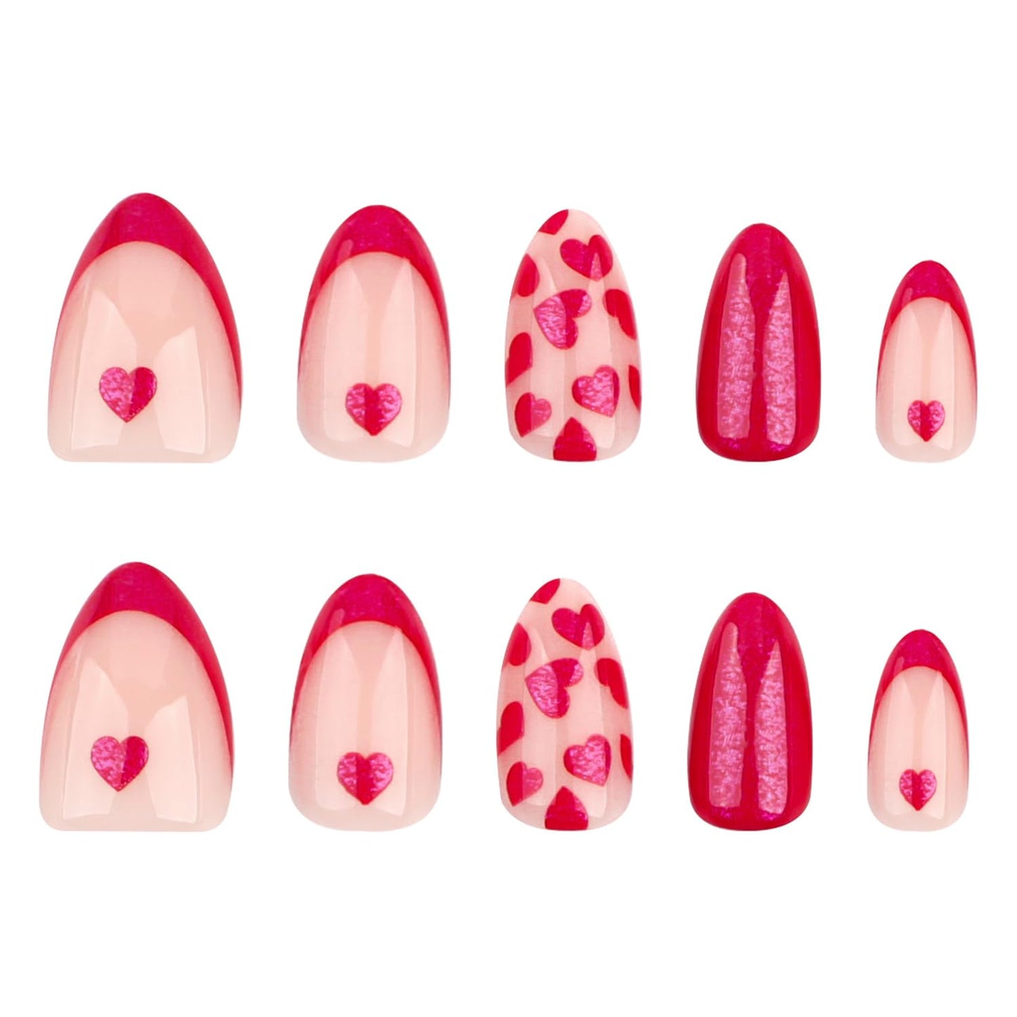 24 Pcs Valentine's Press on Nails Short Almond Set, Red French Tip Fake Nails with Glitter Love Design Glossy Rose Red Stick on Nails Heart-shaped False Nails for Women DIY Manicure Decoration