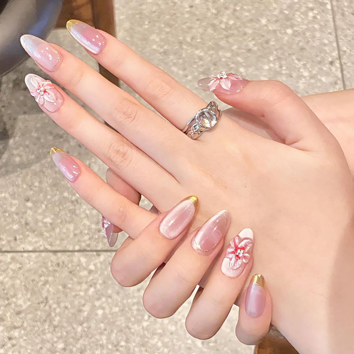WBRRFJJ Handmade Gold French Tip Almond Press-on False Nails, 24pcs Set with 3D Flower Design, Silver Rhinestones, Full Cover, Glue on Nails for Women DIY Manicure