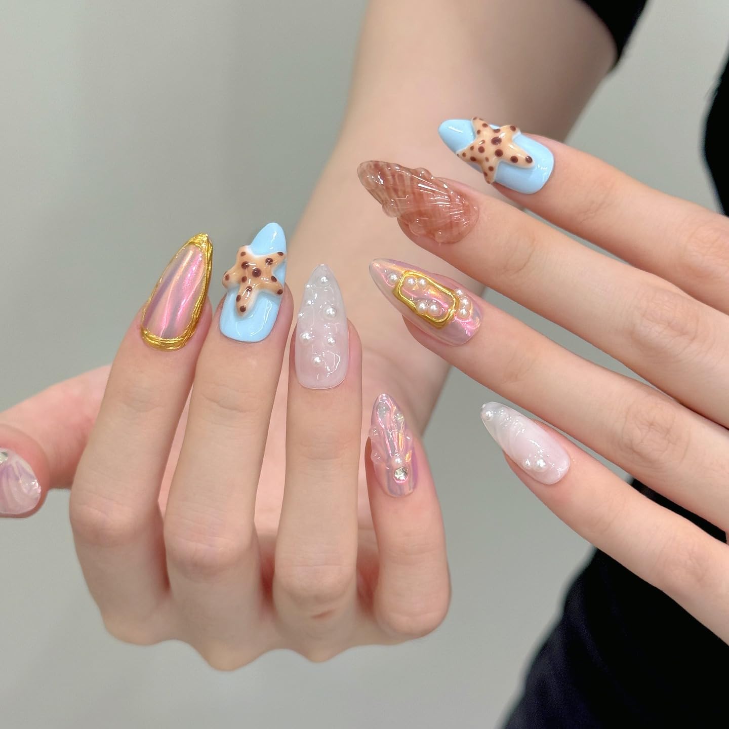 Handmade Press On Nails-3D Almond Cute Ummer Island Style ，Wedding Prom And Festival Traving Gift ，Thick Acrylic and Muti-Layer Gel Reusable False Nails (L)
