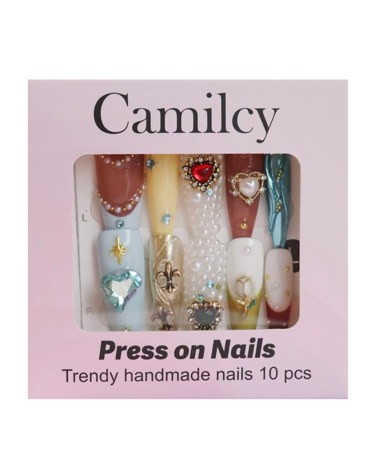 CAMILCY Luxury Handmade Press on Nails Extra Long Stiletto 3D Pearl Gemstone Fake Nails Almond Acrylic Nails Crystal Jewelry Design Salon Quality Reusable Acrylic Nails for Women (A025, L)