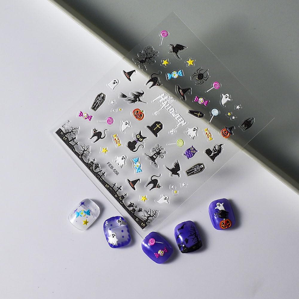 Halloween Nail Art Stickers 5D Embossed Cat Ghost Nail Stickers Witch Monster Candy Pumpkin Spider Star Nail Decals for Women Girls Holiday Manicure DIY Nail Supplies