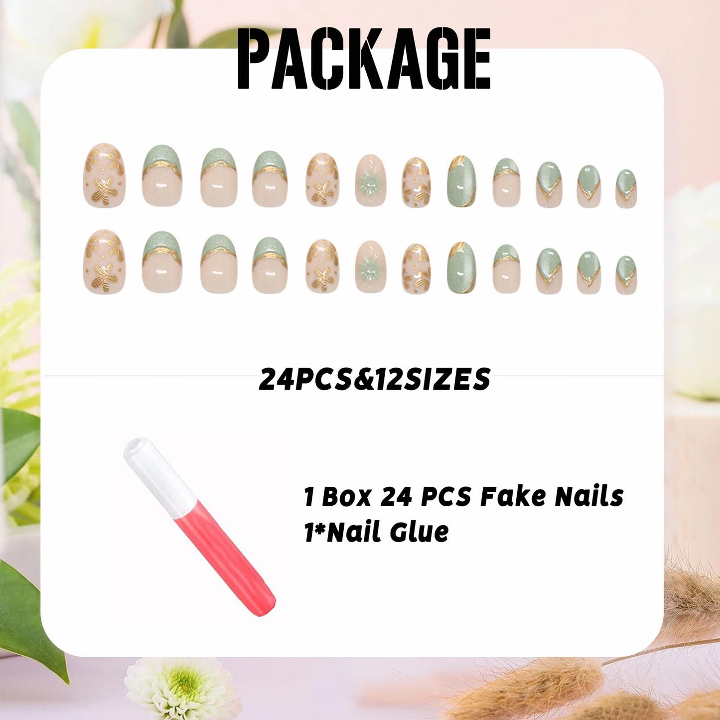 IMSOHOT Press on Nails Short Round Fake Nails Green Cat's Eye False Nails with Golden Flower Designs Glossy Full Cover Acrylic Summer Oval Cute Stick on Nails for Women Girls 24Pcs