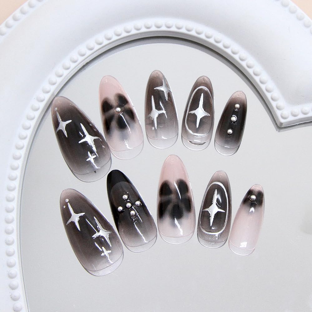 24 Pcs Pink Press on Nails Short Almond,MINGCHUN Black Ombre Fake Nails Press ons Acrylic Nail Art Tips Kit Full Cover False Nails Glue on Nails with Flower Silver Starburst Design for Women