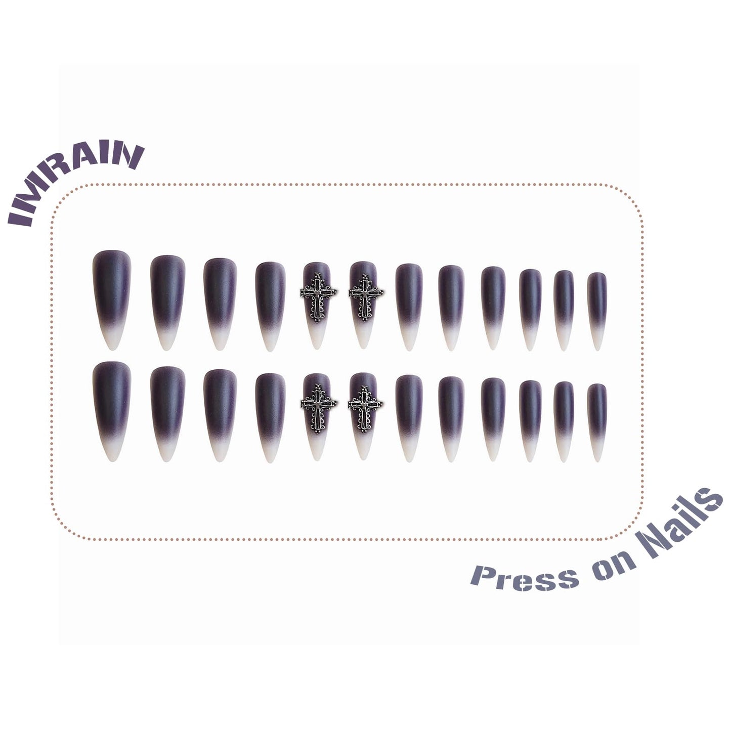 IMRAIN Press on Nails Long Stiletto Fake Nails Purple Ombre Matte False Nails with Metal Cross Charms Designs Goth Nail Art Glue on Nails for Women Girls 24Pcs