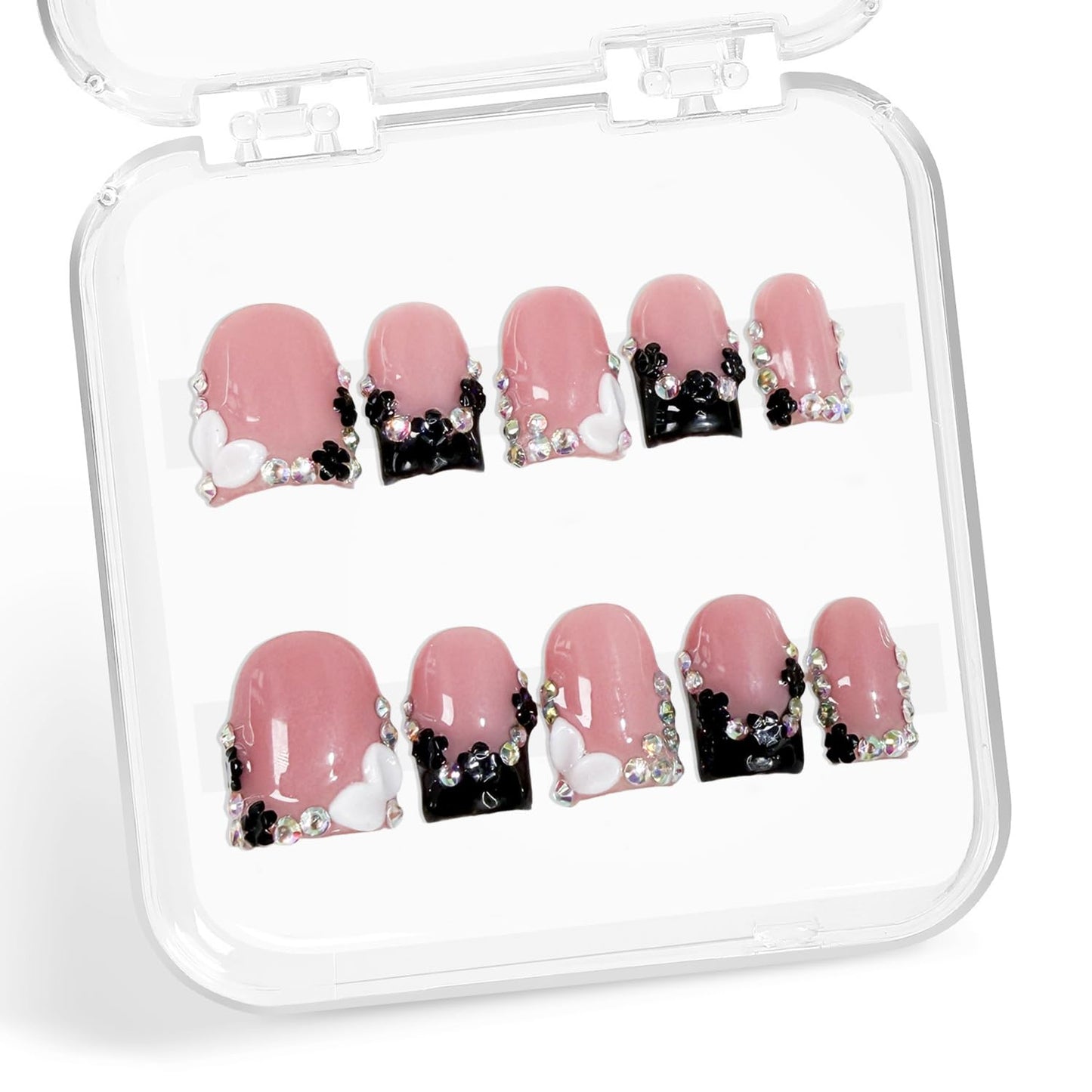 Handmade Square Nails Press on Black French Tip Fake Nails with Rhinestone & Flower Designs Muti-Layer Gel Acrylic Nail Kit Full Cover False Short Stick on Nails for Women (Size M)