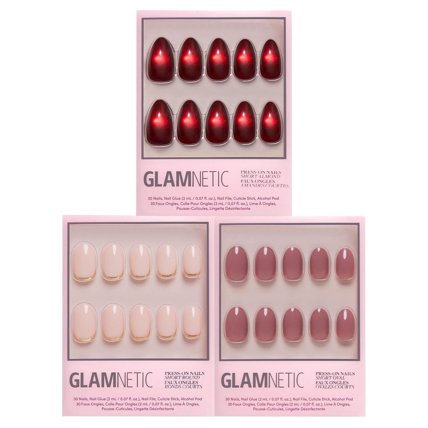 Glamnetic Press-On Nails Bundle - Frosted Cranberry, Goal Digger & Fall Mauve | Short Almond Fake Nails in Deep Red with Jelly Finish | Glossy, Semi-Transparent, Short Round Nails | Muted Blush Mauve