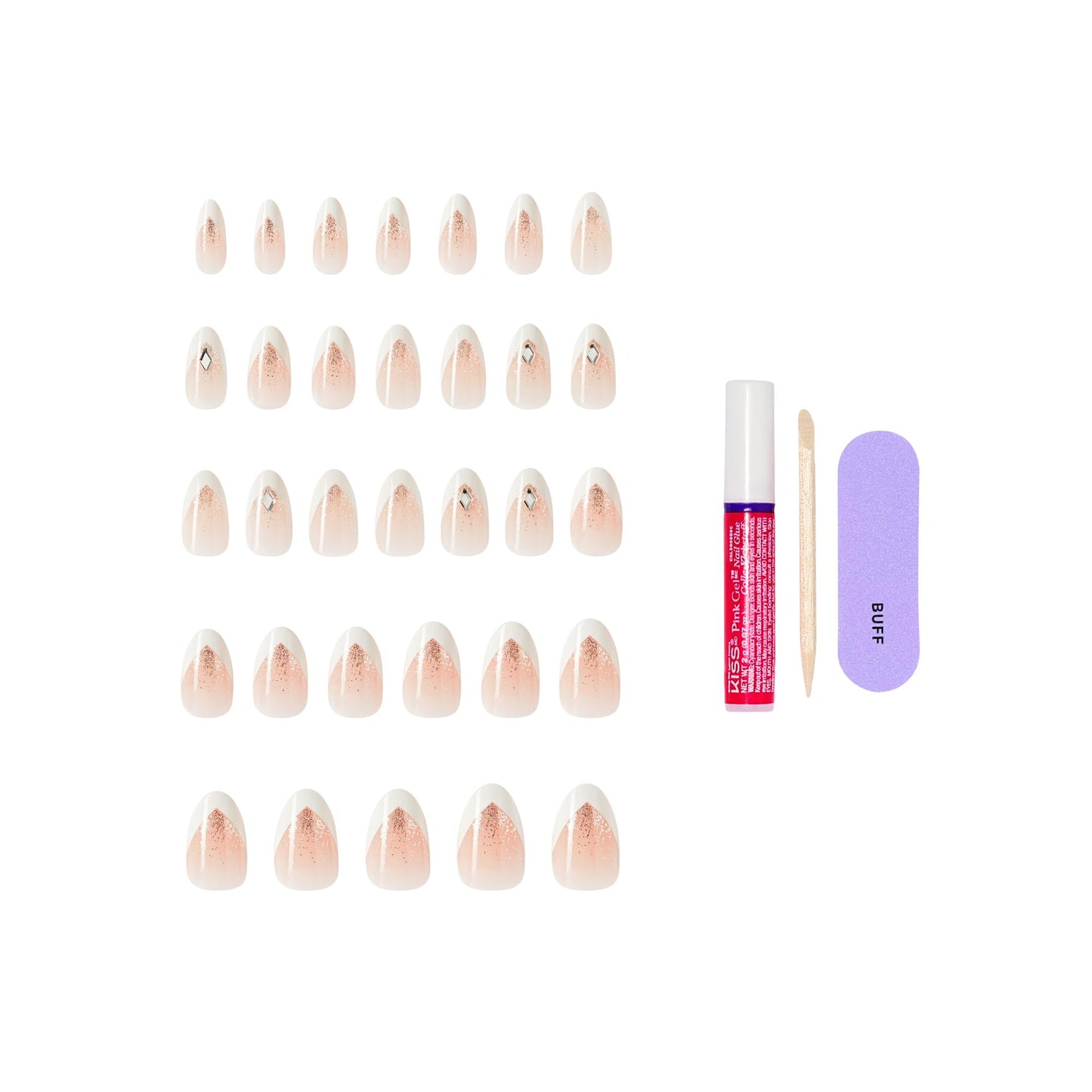 Kiss Glam, Press On Nails, Nail glue included, 'Applause', White, Medium Size, Almond Shape, Includes 32 Nails, 2g Glue, 1 Manicure Stick, 1 Mini File