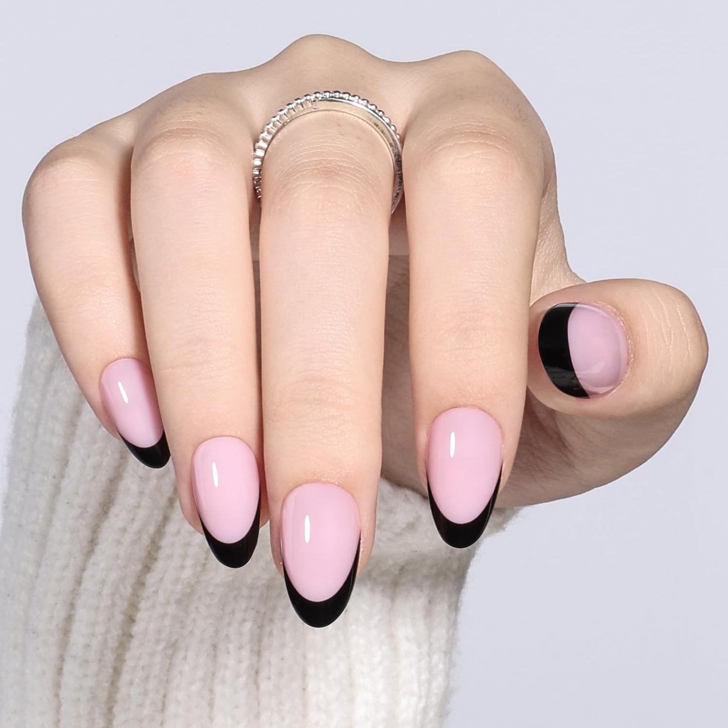Leefrei Black French Tip Press On Nails Short Almond - Natural Fake Nails, Reusable Glue On Nails for Women, 16 Sizes 32 Pieces Nail Kit with Glue, Black French Tip - Almond