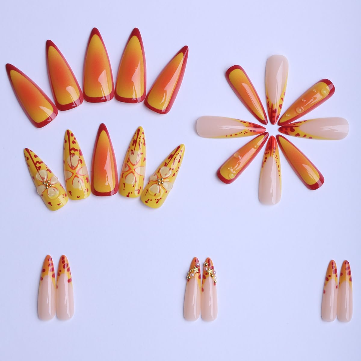 Long Stiletto Coral Press on Nails - French Tip with 3D Flower & Gold Starfish, Full Cover Glossy Fake Nails 24PCS for Women