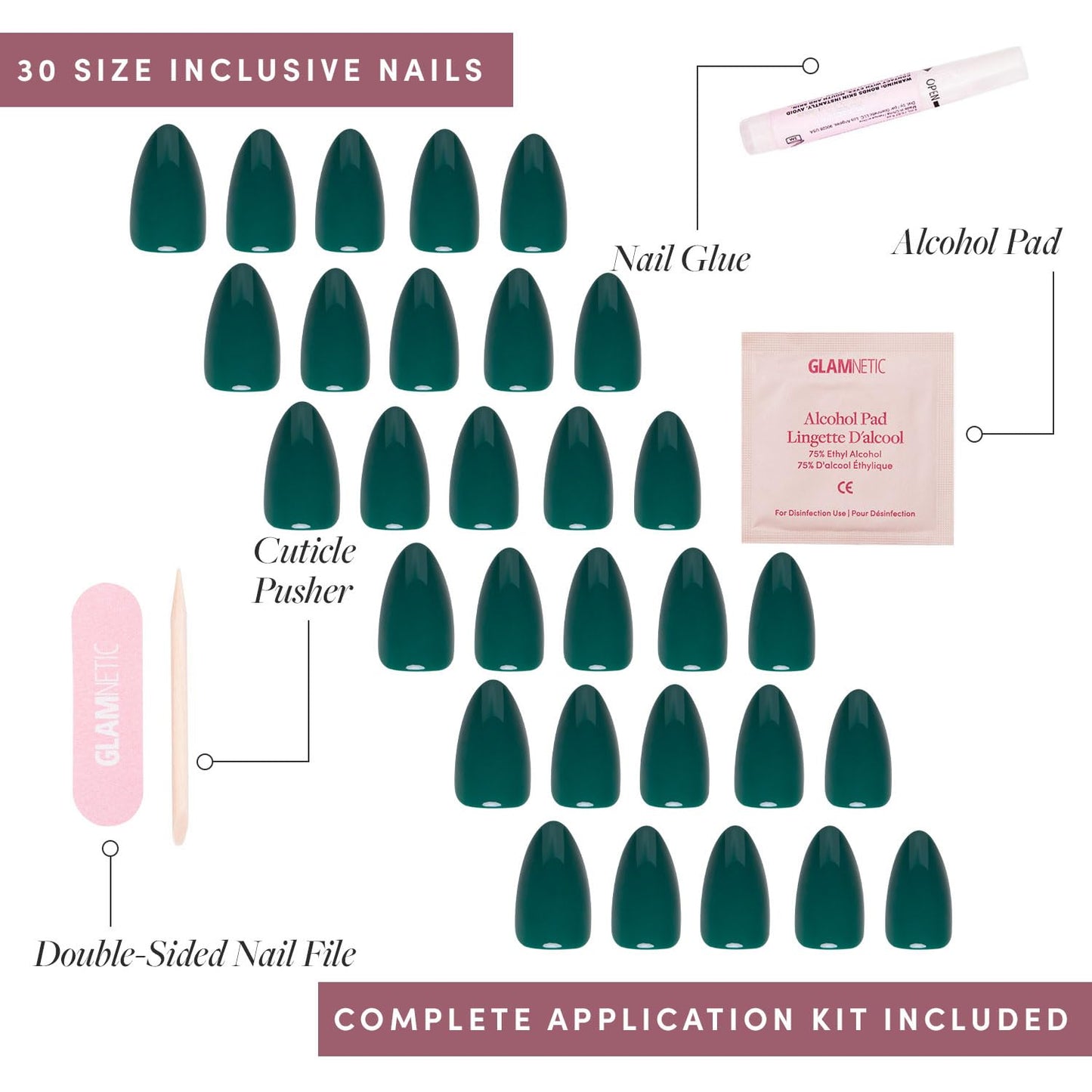 Glamnetic Press-On Nails Bundle - Emerarld Green, Boba & Fairy Dust | Opaque Deep Green Almond False Nails | Opaque Black Almond Fake Nails | Oval Beige-Pink Nails