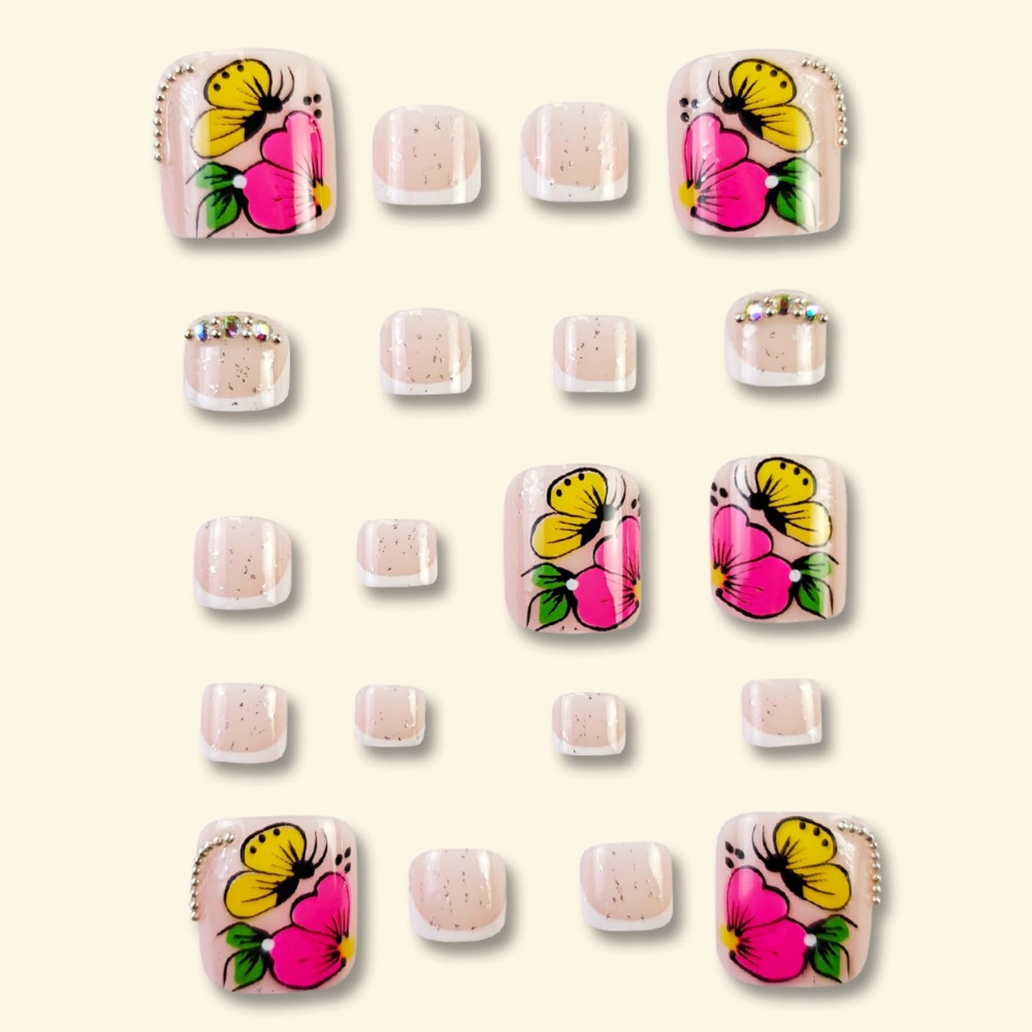 Flower Press on Toenails Short Square Fake Toenails White French False Toe Nail Full Cover Acrylic Glue on Toenails Rhinestones Butterfly Stick on Toe Nails for Women Manicure 24 Pcs
