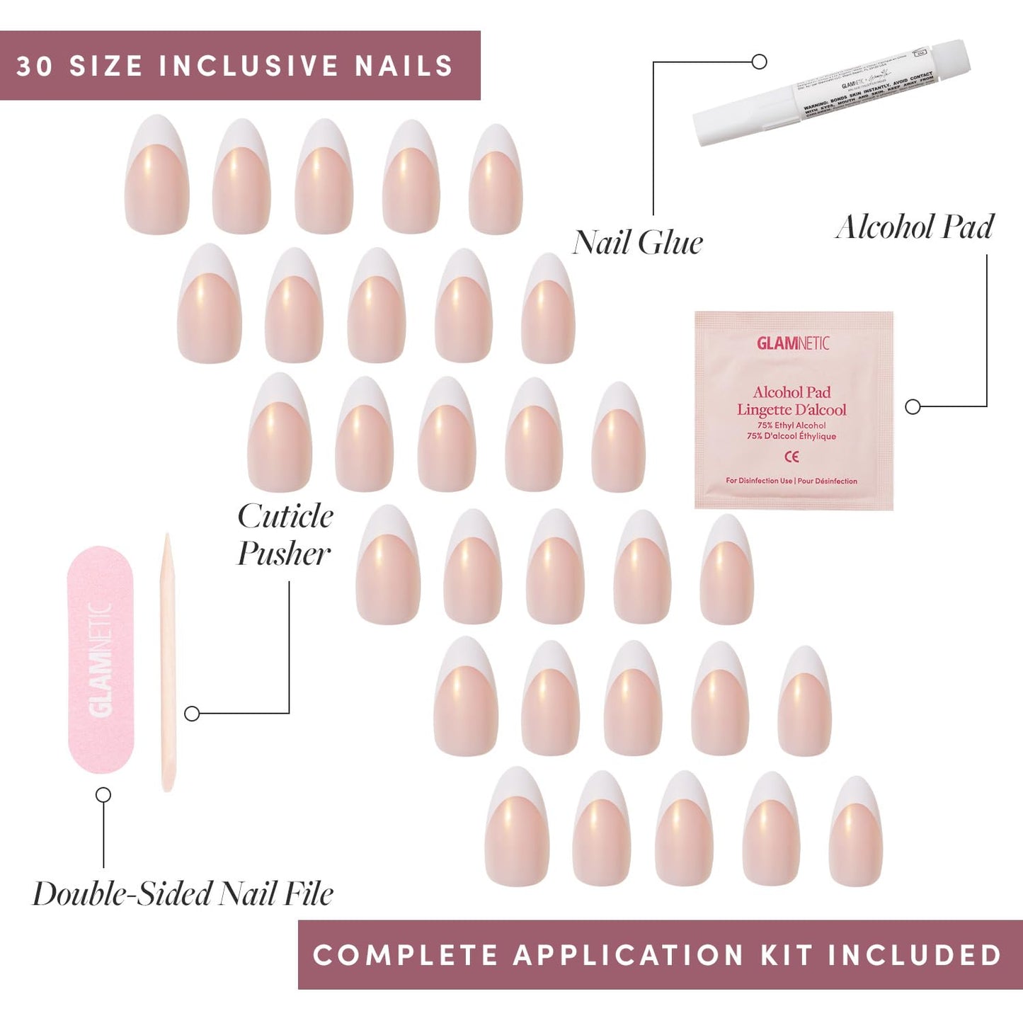 Glamnetic x GLAMZILLA Press-On Nails Bundle - GIVE 'EM GRACE, Berry Fizz & Caviar | Almond Fake French Tip Nails with Gold Glaze | Oval Magenta Nails with a Metallic Finish | Short Almond