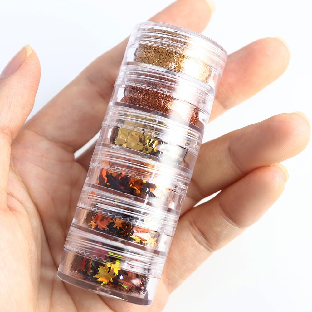 Golden Fall Nail Art Glitters Maple Leaf Nail Sequins, LPOODDNU Autumn Leaves Nail Decoration Accessories 3D Maple Leaves Nail Decals Professional Fall Nail Designs for Women Manicure DIY, 6 Jars