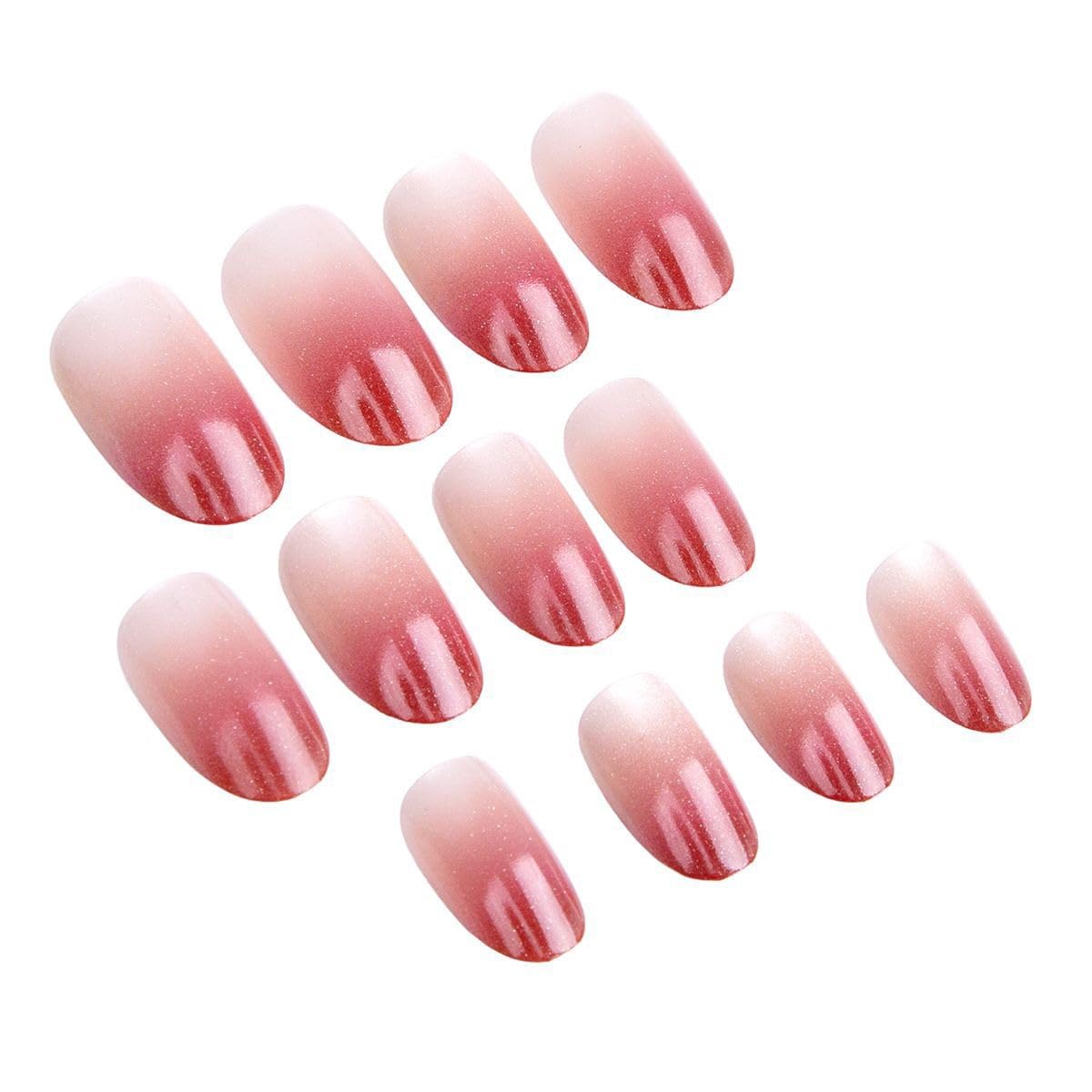 Short Press on Nails Almond - Red Fake Nails with Ombre Design - Glossy Glitter Full Cover Stick on False Nails - for Women 24 Pcs