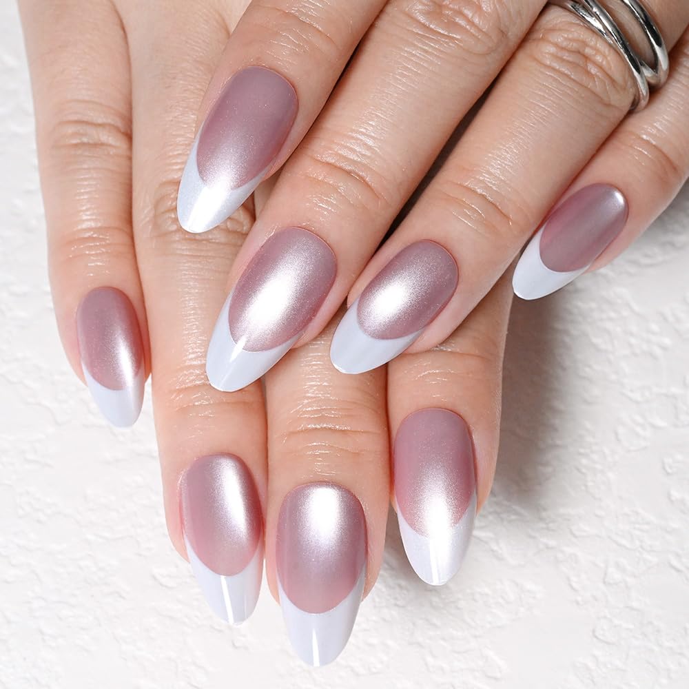 evpct Mauve Cat Eye French Tip Press on Nails Almond Medium No Glue, White French Tip Medium Almond Holographic Stick on Nails for Women, Reusable Full Cover Soft Press on Nail Perfectly with Design