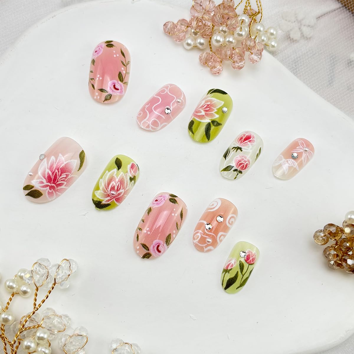 24Pcs Pink Flower Press on Nails Short Ellipse Spring Fake Nails with White Lines Butterfly Design Cute Acrylic Nails Green Leaf False Nails Rose Floral Glue on Nails for Women Spring Summer Manicure
