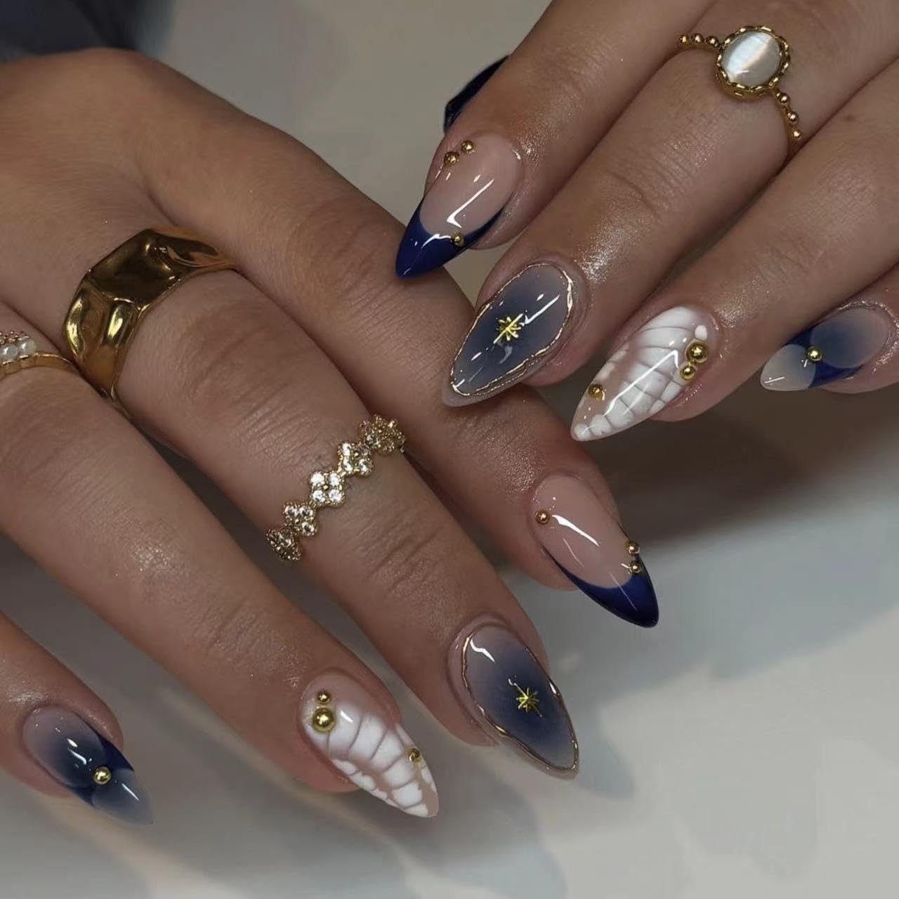 3D Press on Nails Medium Almond Bohemian Design, Navy-Nude Ombre Fake Nails Gold Studs Glossy for Women Kit, Reusable Soft Gel Stick on False Nails with Gold Stars French Designs Perfectly Fit