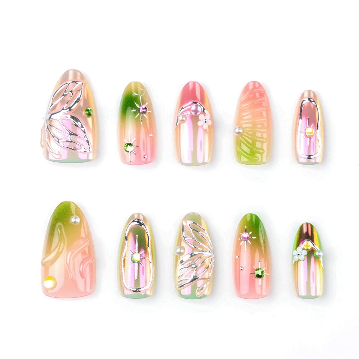30Pcs Pink Green Smudge Press on Nails Medium Almond French Tip Fake Nails with 3D Rhinestone Design Butterfly Flower False Nails Glitter Full Cover Star Chrome Silver Acrylic Stick on Nails for Women
