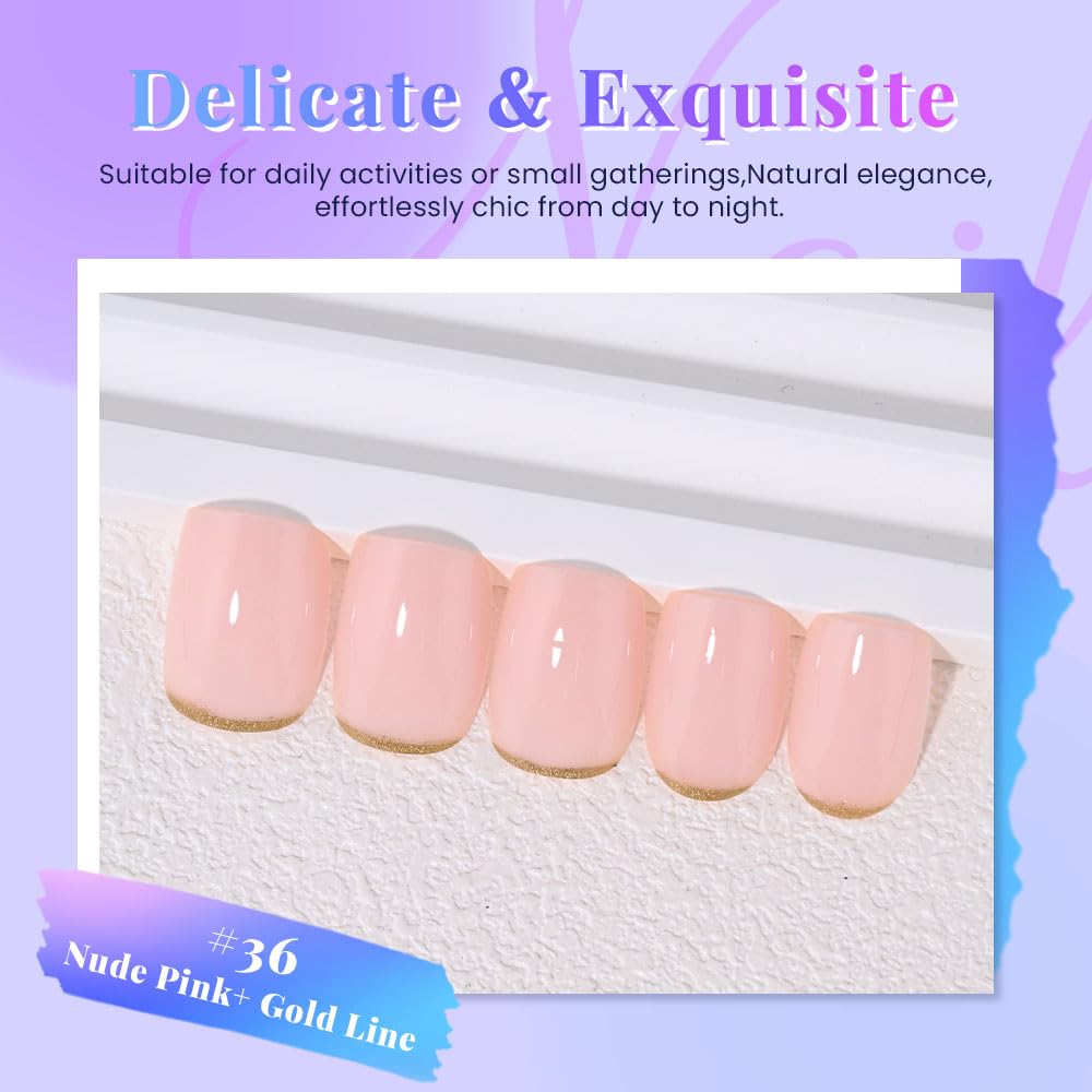 evpct Nude Pink French Press on Nails Short Square, Short Gold Foil Stick on Nails for Women Gift,Nude Pink Glossy Fake Nail Reusable Soft Gel Press on Acrylic Fake Nail kit with Gold Line Design