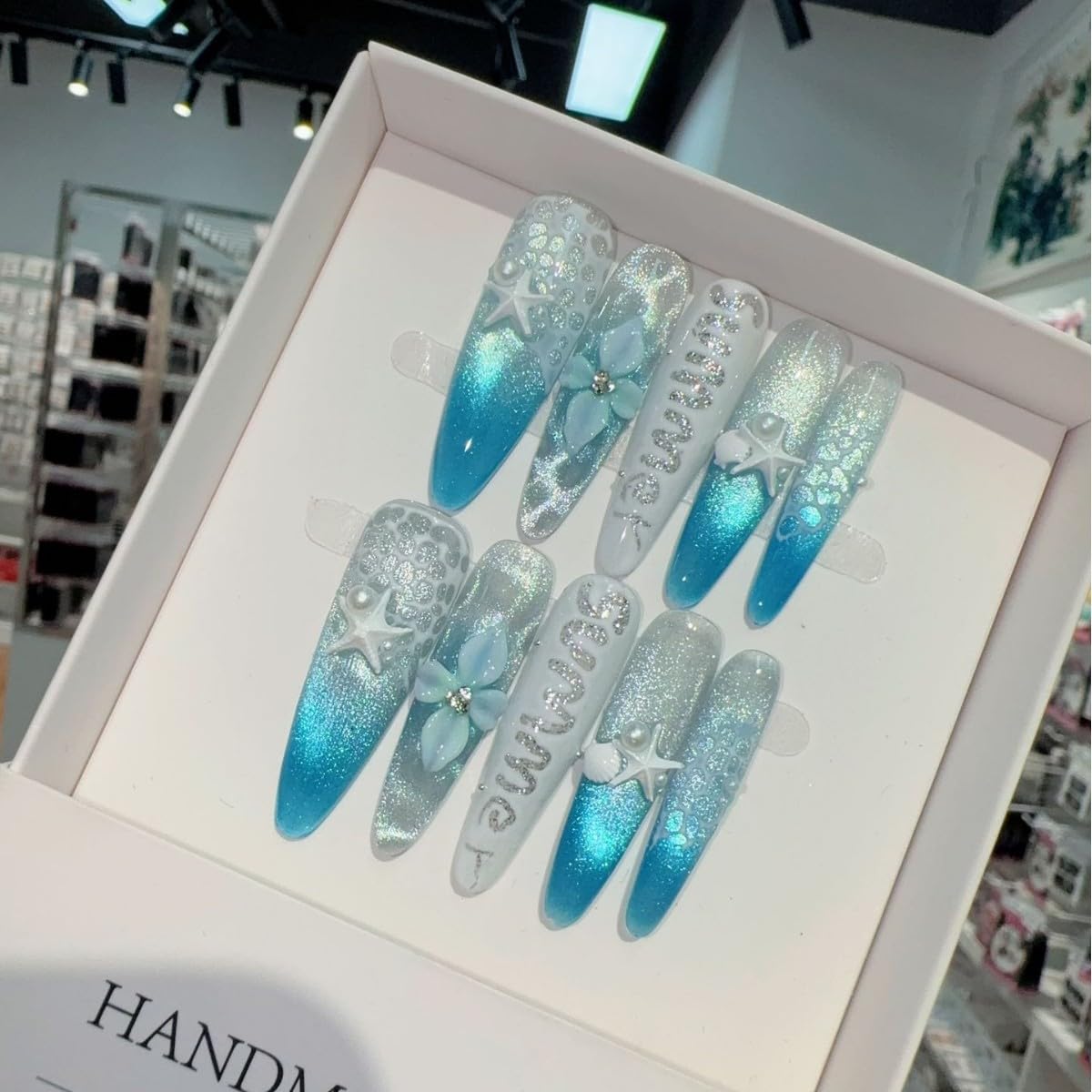 Summer Ocean Themed Press On Nails, Starfish & Floral Embellished Extra Long Stiletto Fake Nails, Reusable Manicure Set (L)