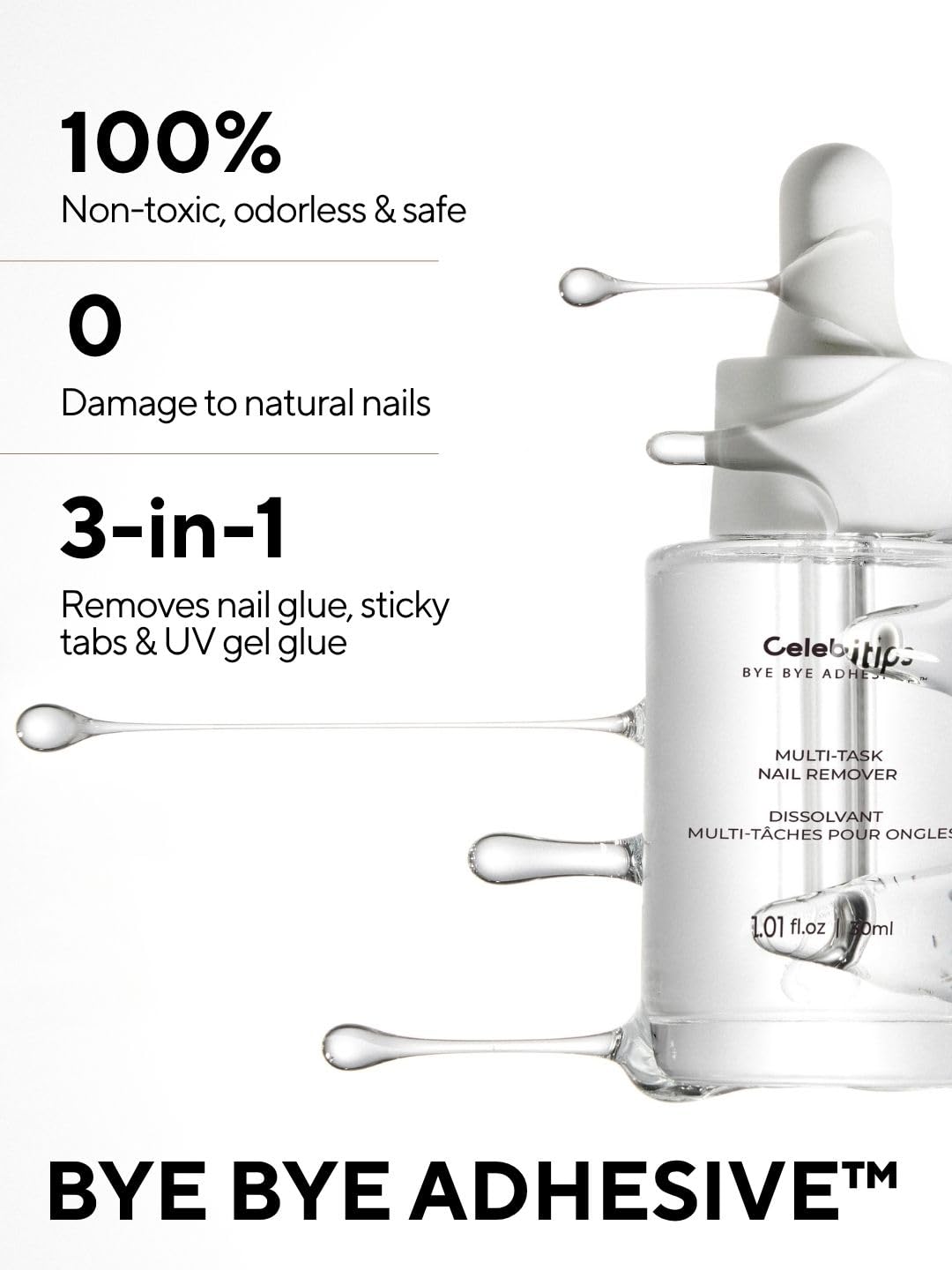 Celebritips Bye Bye Adhesive™ | Press-On Nail Remover | Odorless, Non-toxic, Gentle | 30ml (1.01 fl.oz)