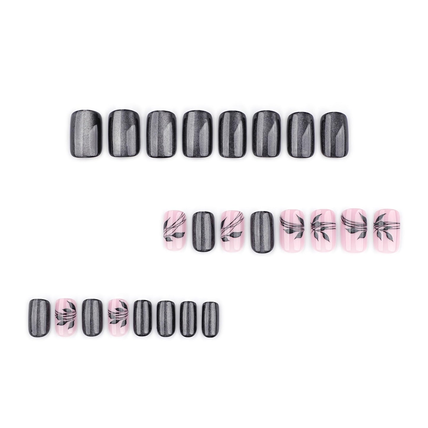 Medium Press on Nails Square - Black Fake Nails with Leaf Design - Glitter Glossy Full Cover Stick on False Nails - for Women Fall Manicure 24 Pcs