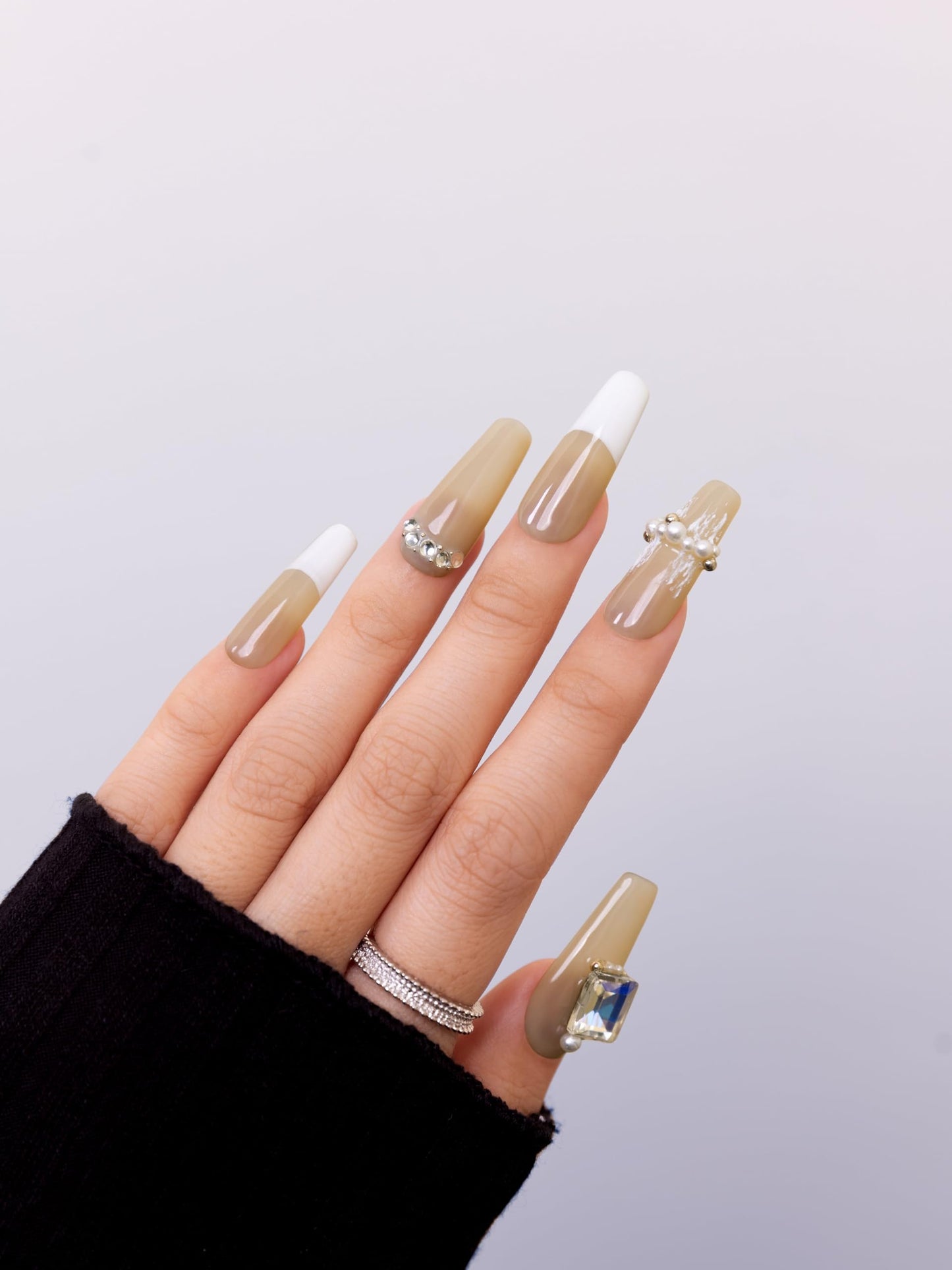 SIYOU Beauty | Crystal Coffin French | Beige and White French Tip Rhinestone Long Coffin Press On Nails for Women (Medium) - Reusable, Salon-Quality Fake Nails (10pc)