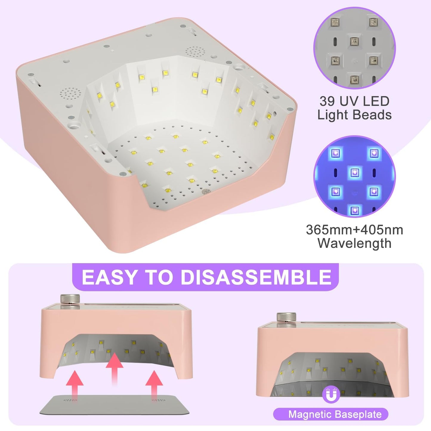 Rechargeable Cordless UV LED Nail Lamp, 86W UV Nail Light for Gel Polish & Acrylic Nails, Fast Curing Nail Light for Gel Nail, Metal Mirror Bottom, Auto Sensor, 39 LED Beads, Salon & Home Use (Pink)