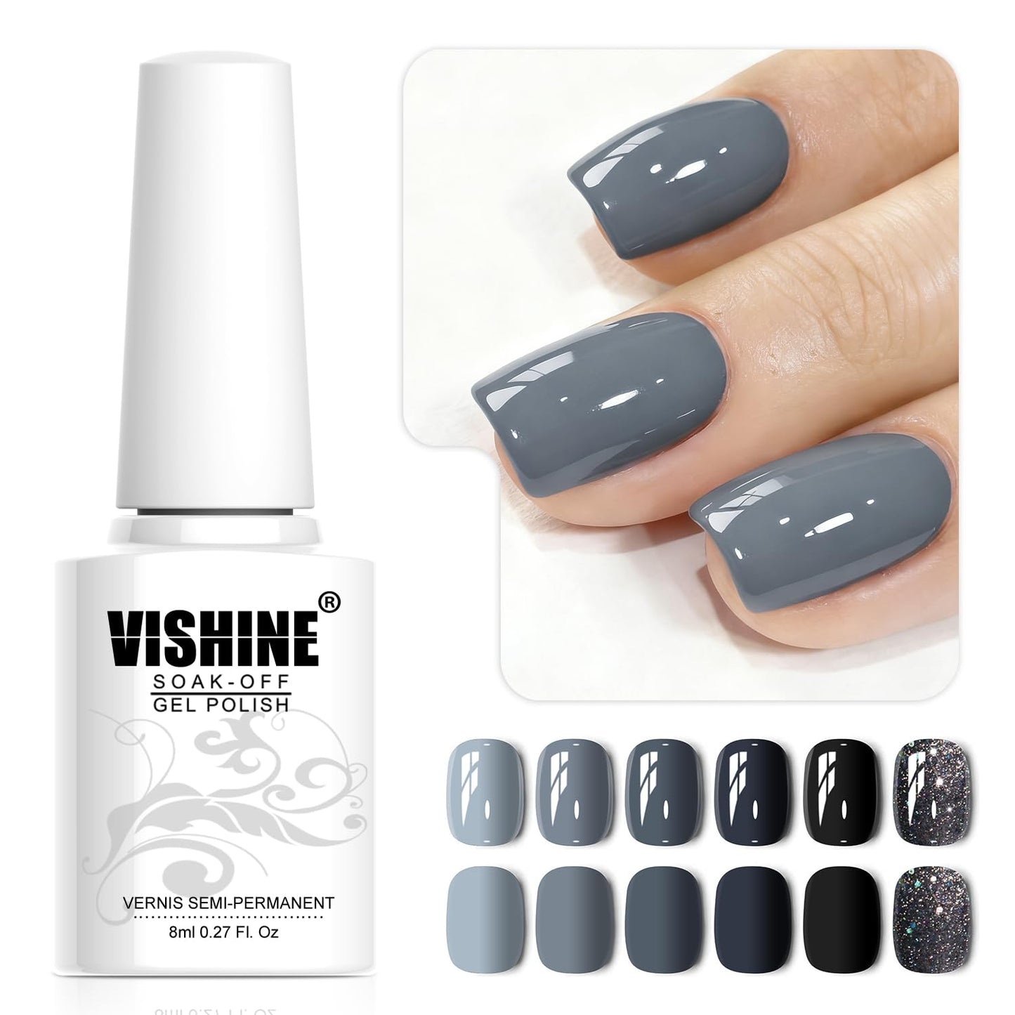 Vishine Classic Gray Serie Gel Nail Polish Set - 6 Different Gray Shades Glitter Polish Kit Popular Nail Art Design Soak Off LED Lamp Manicure Kit