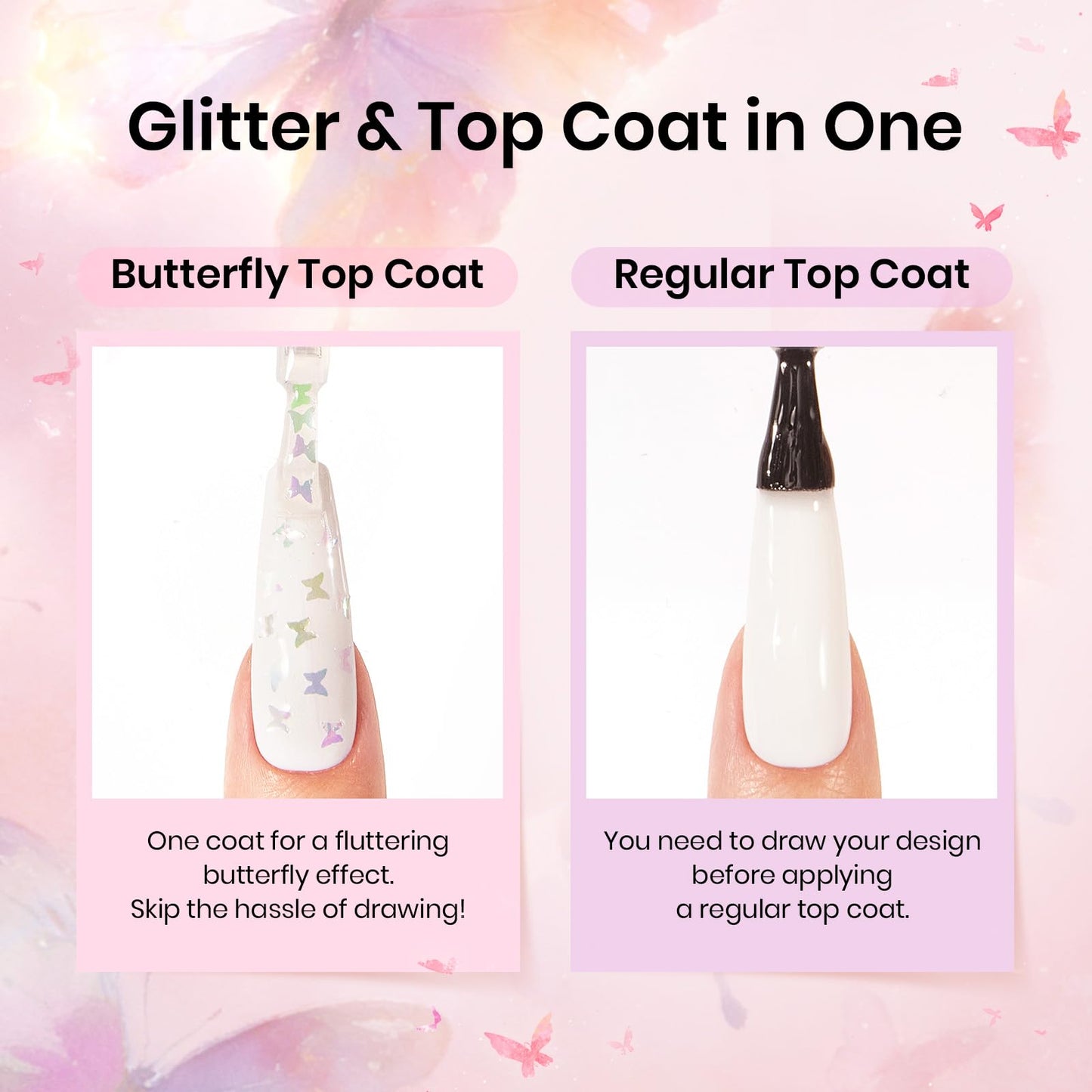 Beetles Butterfly Gel Top Coat 15ml - Floral Sprite Pink Butterfly Glitter Shine No Wipe Top Coat Long-Lasting for Gel Polish Sparkle Soak Off UV LED for Women