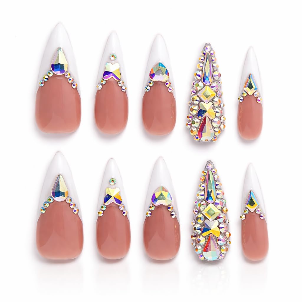 IntoVibes 10 Pieces Handmade Long Almond Press On Nails, White Thickened French False Nails With Rhinestone Decorate, Reusable Fake Nails Almond, Reusable Acrylic Nails (S)