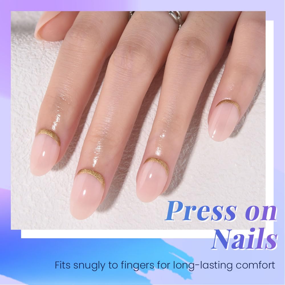 evpct Nude Pink French Press on Nails Short Oval, Short Gold Foil Stick on Nails for Women Gift,Nude Pink Glossy Fake Nail Reusable Soft Gel Press on Acrylic Fake Nail kit with Gold Line Design