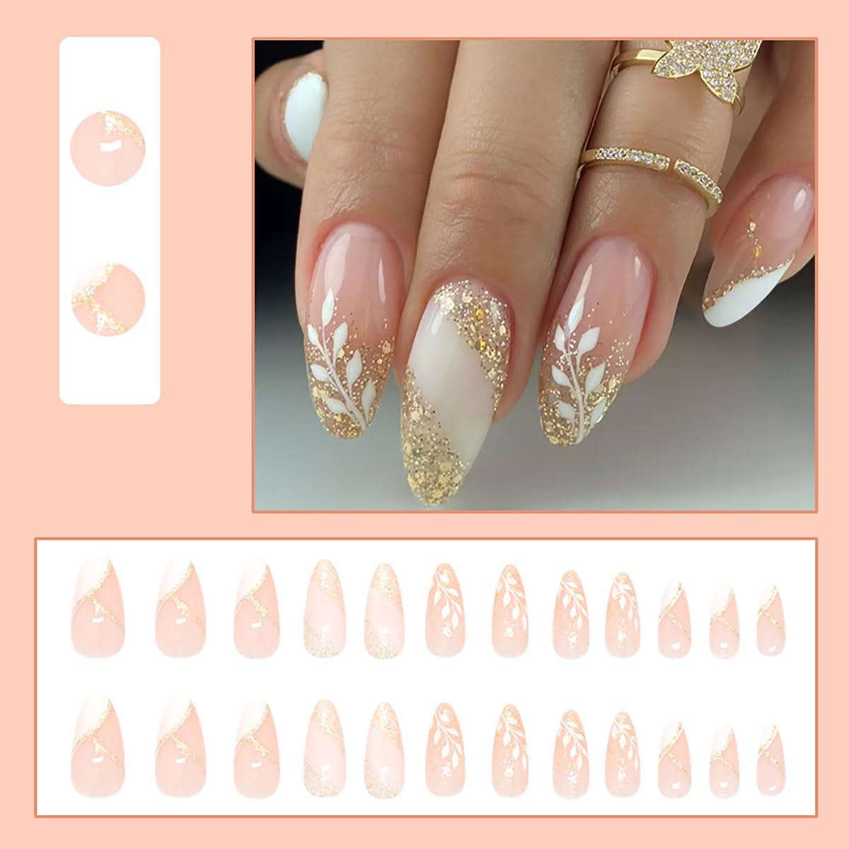 Gold Glitter Press on Nails Medium Almond Pink Fake Nails with Glue White Leaf Stick on Nails Full Cover Glossy False Nails for Women DIY Manicure Decoration 24PCS Reusable Acrylic Nails
