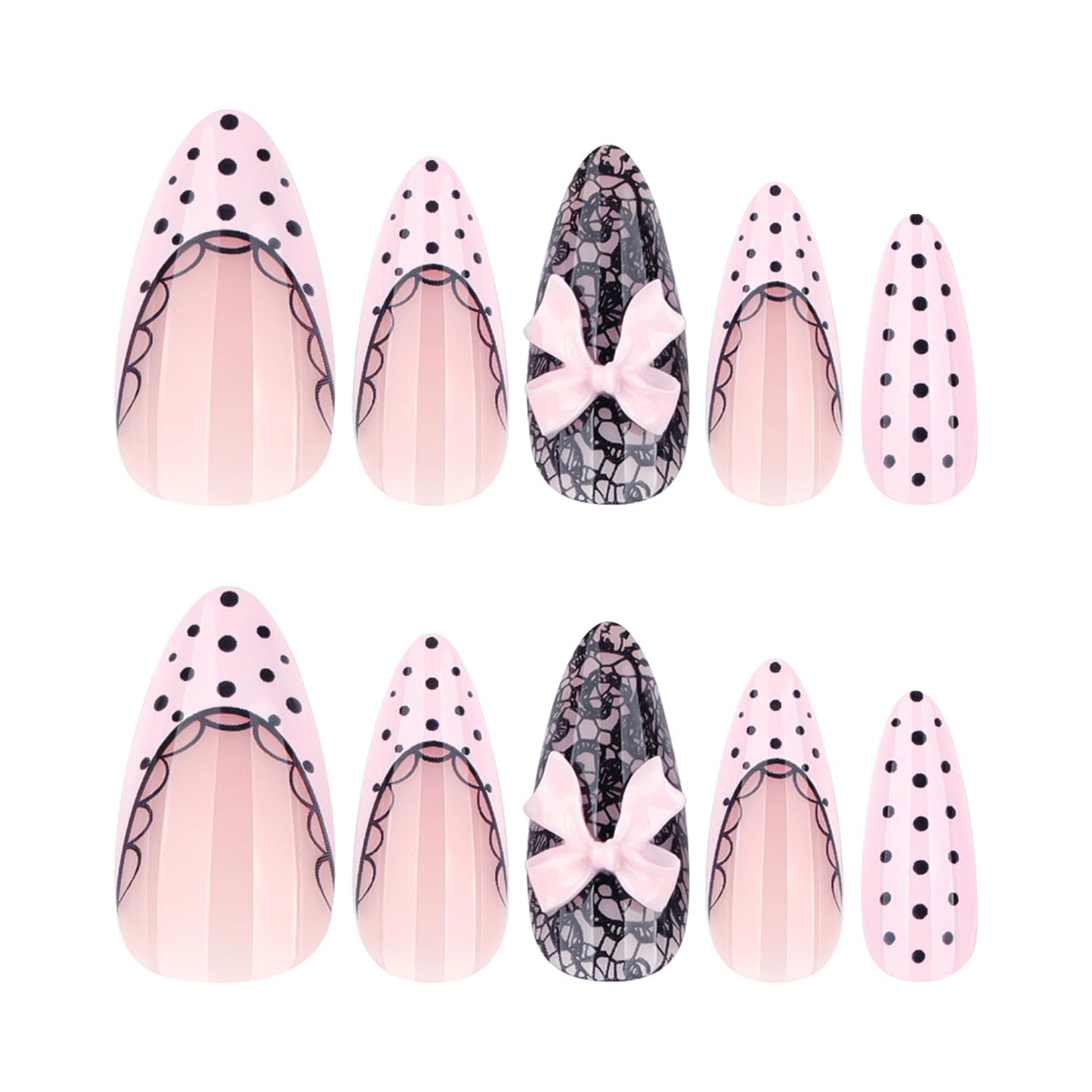Pink Polka Dot Press On Nails Medium Almond Fake Nails Bow False Nails With Black Lace Designs Acrylic Nail Press Ons Full Cover Stick On Nail Glossy Glue On Nail For Women 24Pcs