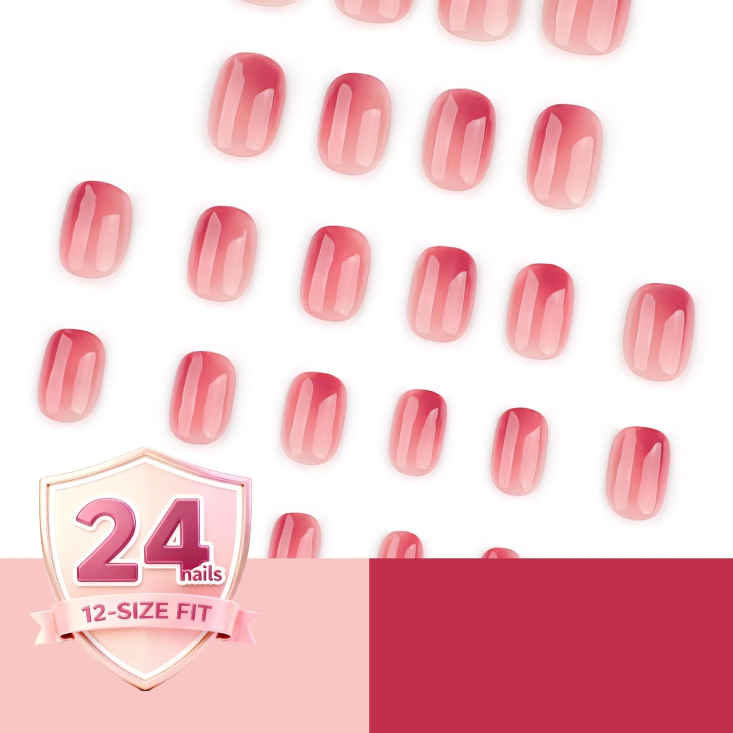 Pink Ombre Press On Nails Short Square, Glossy Natural Fake Nails for Women, Blush Gradient Stick On Nails, Elegant Everyday False Nails Set, 24 PCS