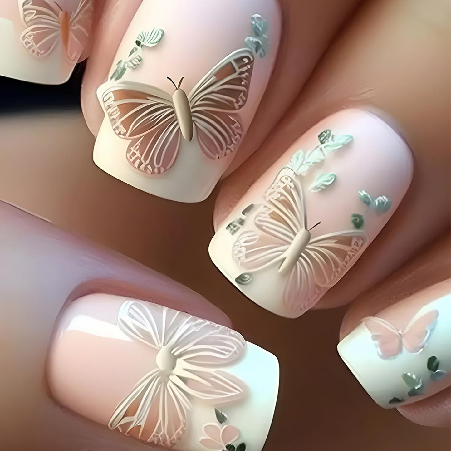 FIEONCIY Modern Glossy Full Cover Square French False Nails with Designs Artificial Short Square Fake Nails with Charms Glue Stick ons Fingernails for Women Girls (FD017) - 24 pcs