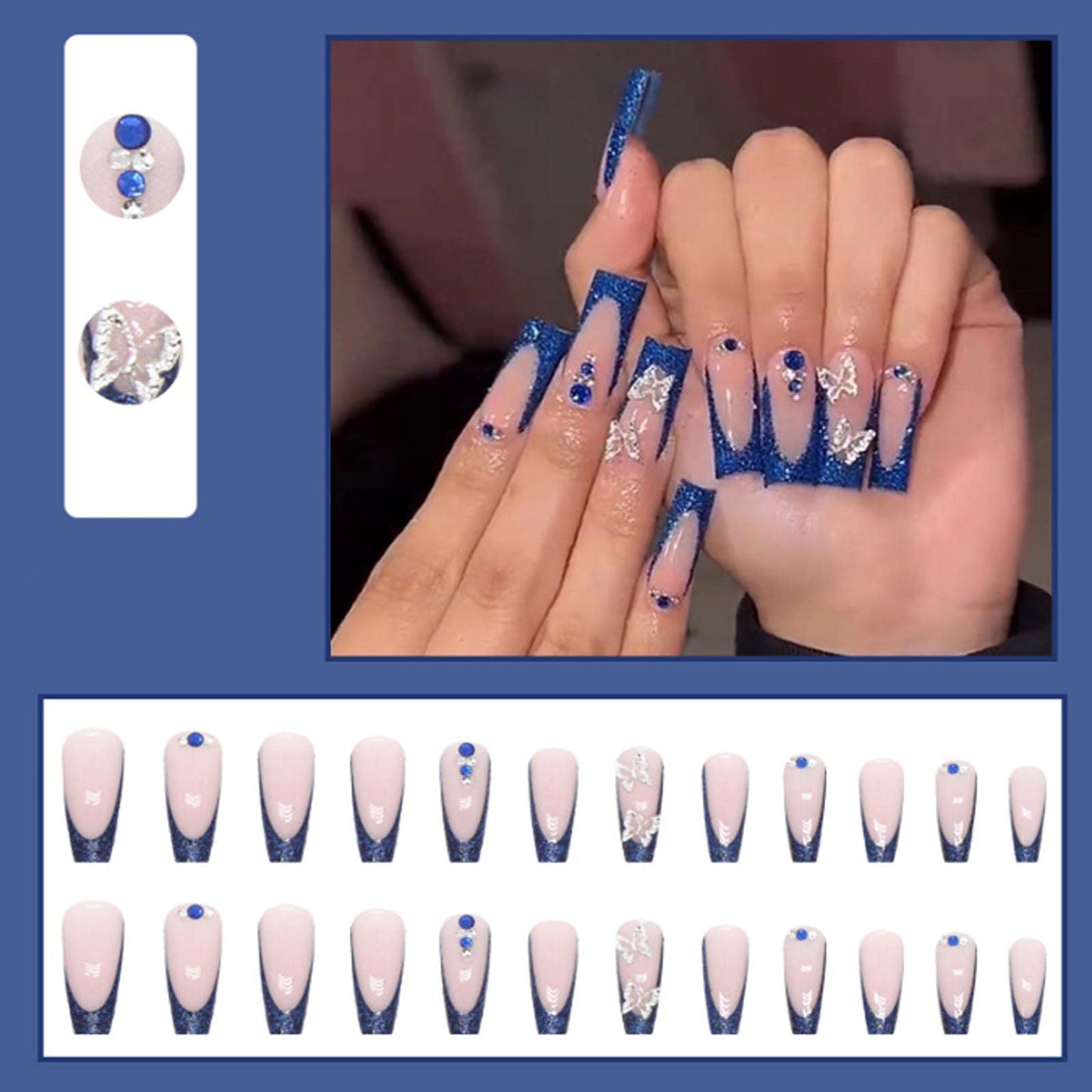 DANMANR Long Press on Nails Square French Fake Nails Full Cover Nude Acrylic False Nails for Women and Girls 24PCS (Blue Butterfly)