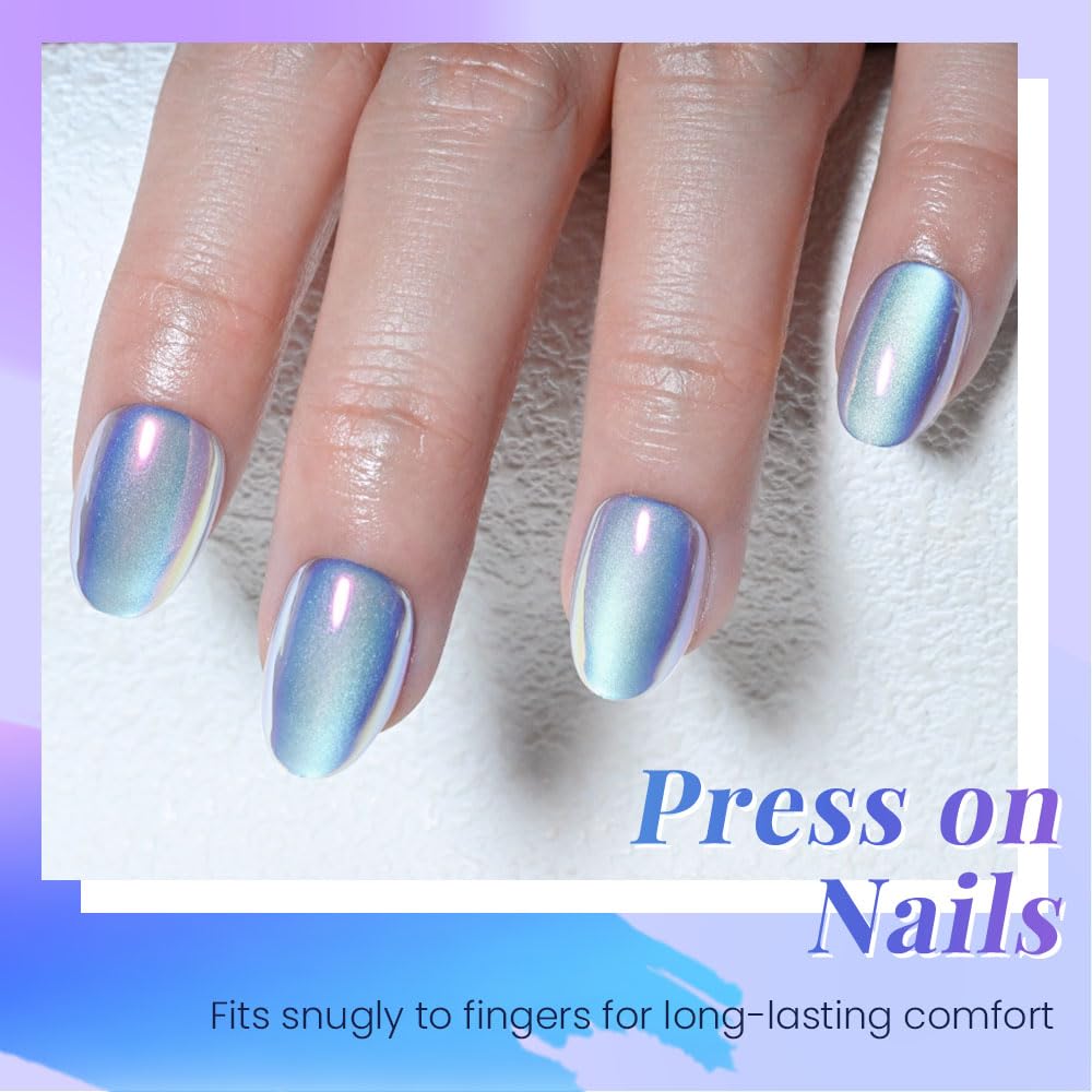 evpct Aqua Blue Cat Eye Chrome Press on Nails Short Oval No Glue with Aurora Design, Purple Holographic Short Oval Stick on Nails for Women Gift, Glossy Cat Eye Effect, Perfectly Fit Salon-quality