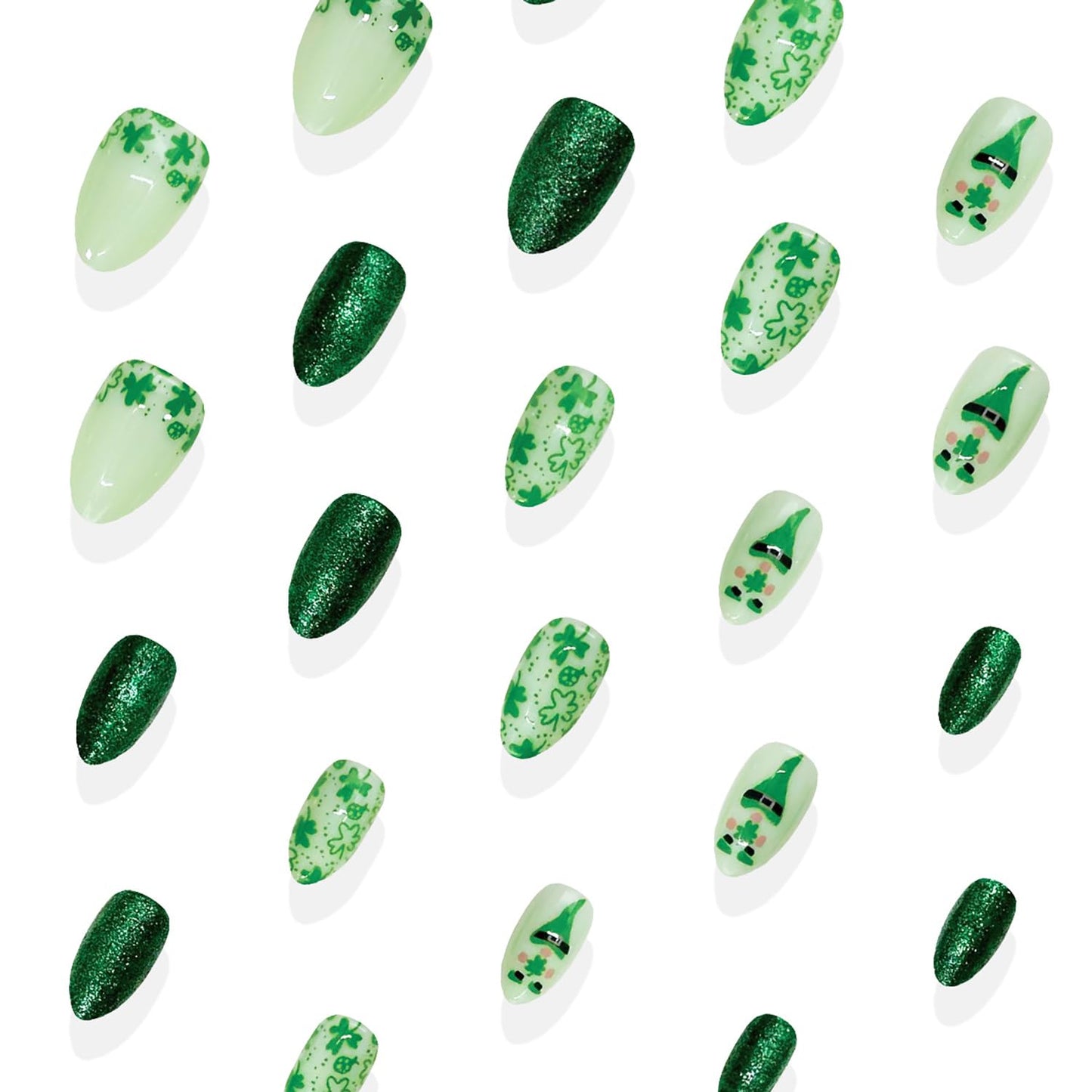 30Pcs St Patricks Day Press on Nails Short Almond Fake Nails with Green Glitter Designs Irish Shamrocks False Nails St. Patrick's Day Acrylic Nail Lucky Clover Full Cover Glue on Nails for Women