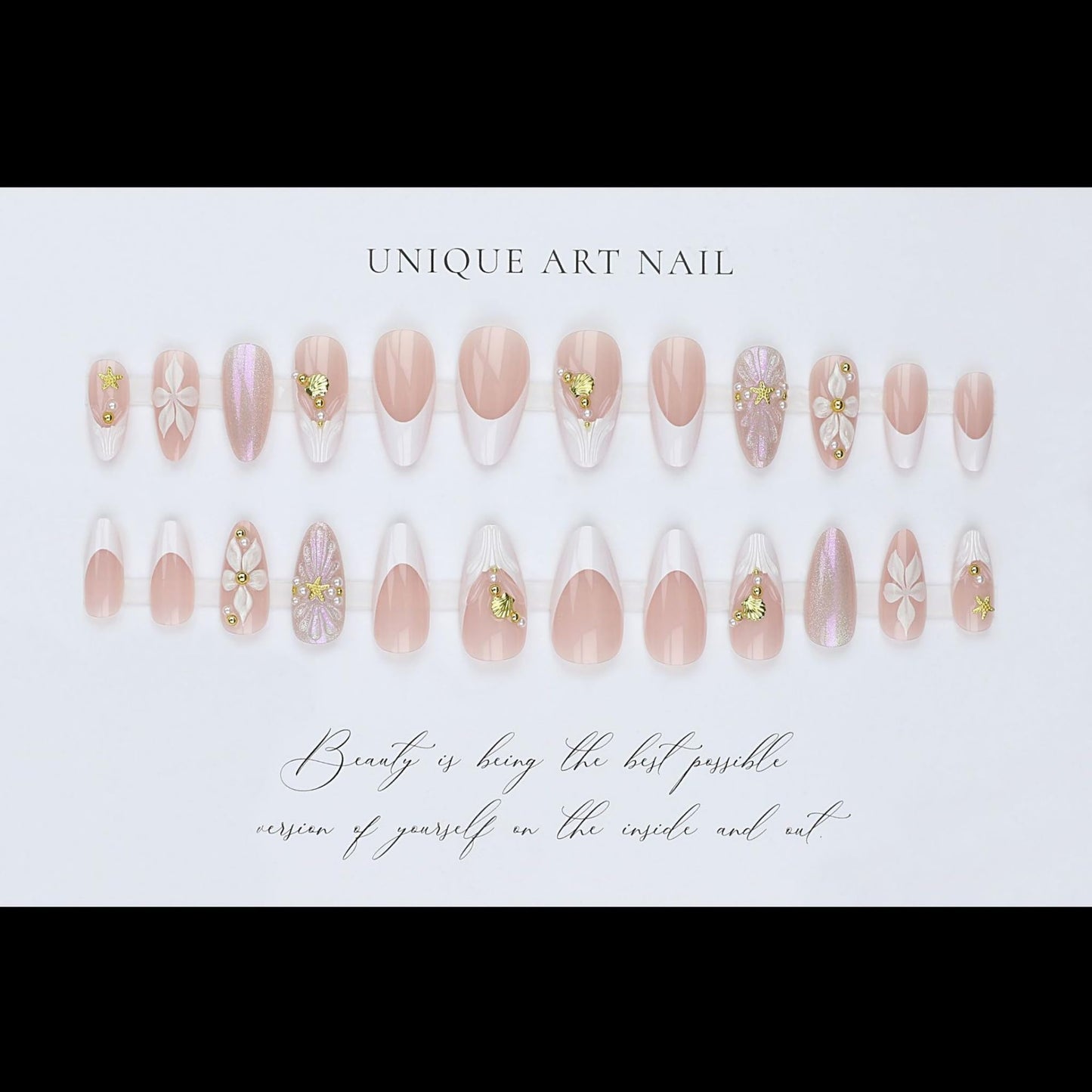 Almond Press on Nails Long Fake Nails Nude Acrylic Nail Press ons SEENEEY French White Floral and Gold Charm Designs Cute Stick on Nail for Women 24pcs