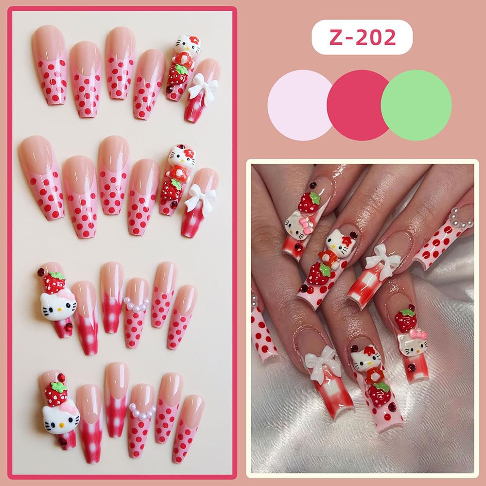 French Tips Press on Nails Long Coffin Fake Nails with Cute Cat Bows Nail Charms Strawberry Nail Charms Stick on Nails French Full Cover False Nails for Women 24Pcs Strawberry Press on Nails