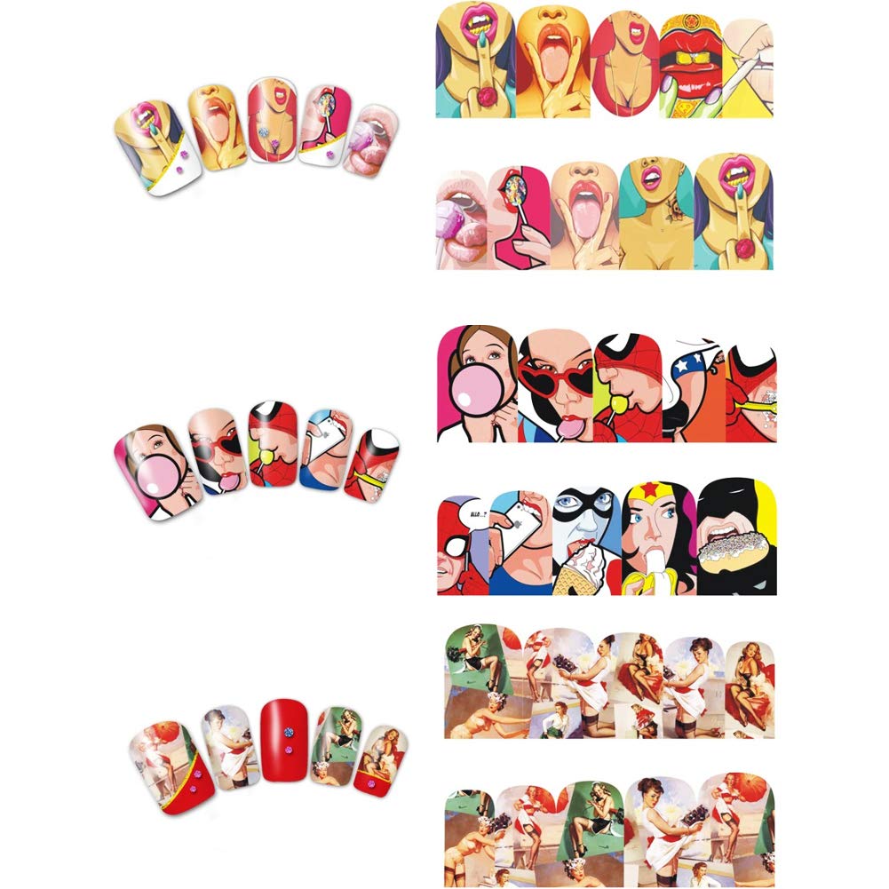Towenm 12 Sheets Nail Art Stickers Water Transfer Nail Decals for Nail Art, Trendy Marvel Nail Wraps, Sexy Lip Pop Star Nail Decals, Manicure Nail Wraps, Red Kiss Lips Sexy Girl Pattern Nail Sticker - 120 Patterns