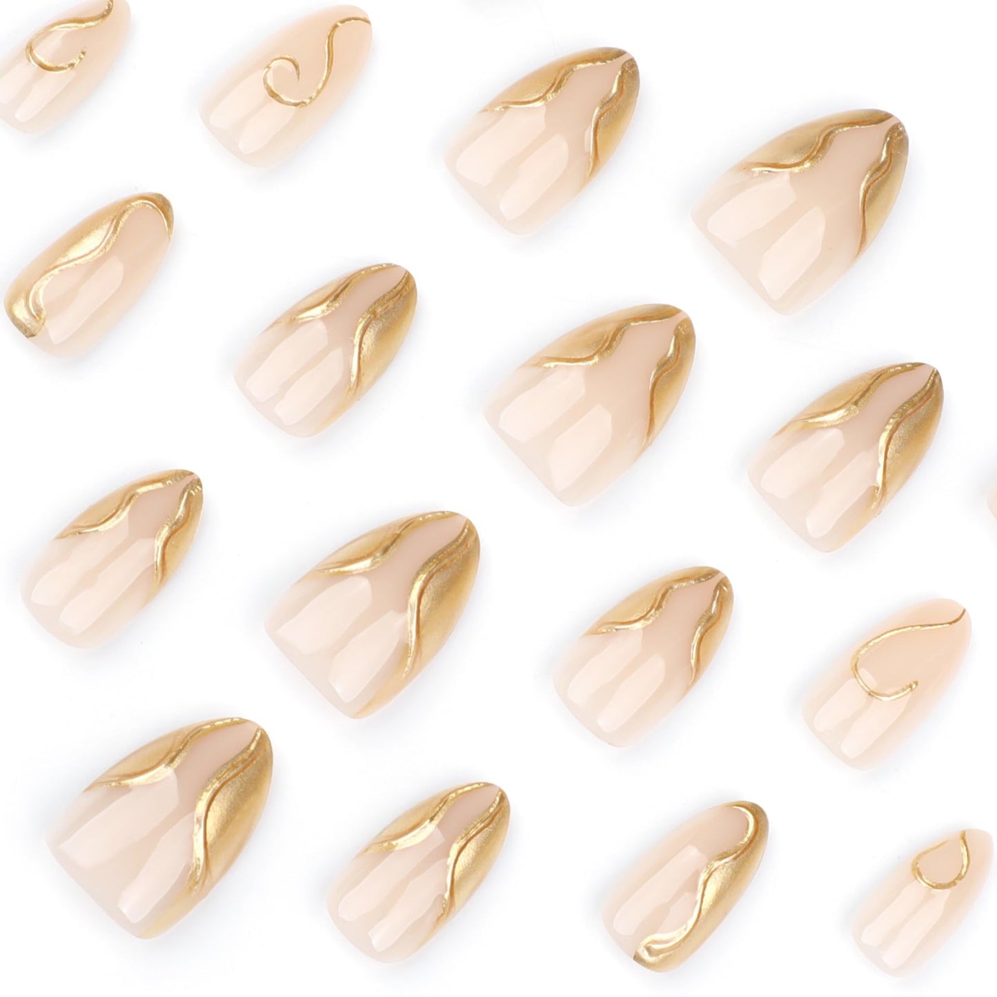 Almond Press On Nails Short Fake Nails Nude False Nails With 3D Gold Irregular Design Full Cover Acrylic Glue On Nail Glossy Stick On Nail Kit For Women DIY Manicure 24 Pcs