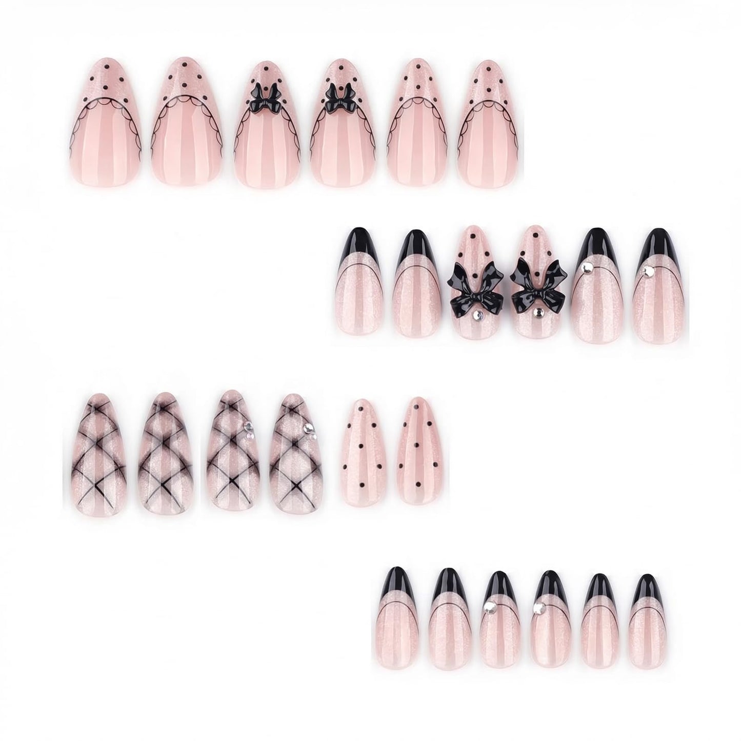 IMSOHOT Medium Almond Press on Nails, Goth Black Bow Design, 24 Pcs Glossy Fake Nails with 3D Ribbon & French Tip Pattern for Women Girls