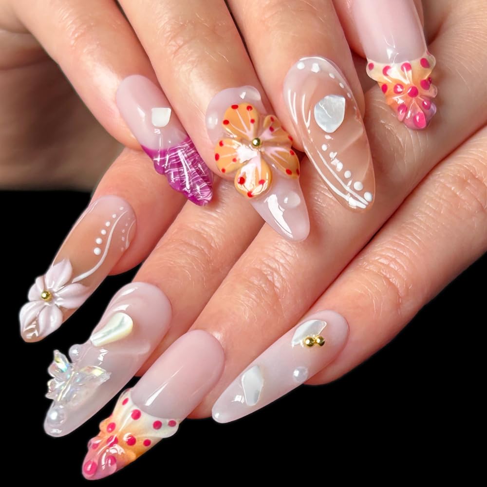 MAGLFELL Press on Nails - Handemade Long Almond Fake Nails, Unique 3D Glossy French Design False Nails, Luxury Stick On Nails for Women, 10 Pcs Acrylic Handmade Fingernails (Size L)